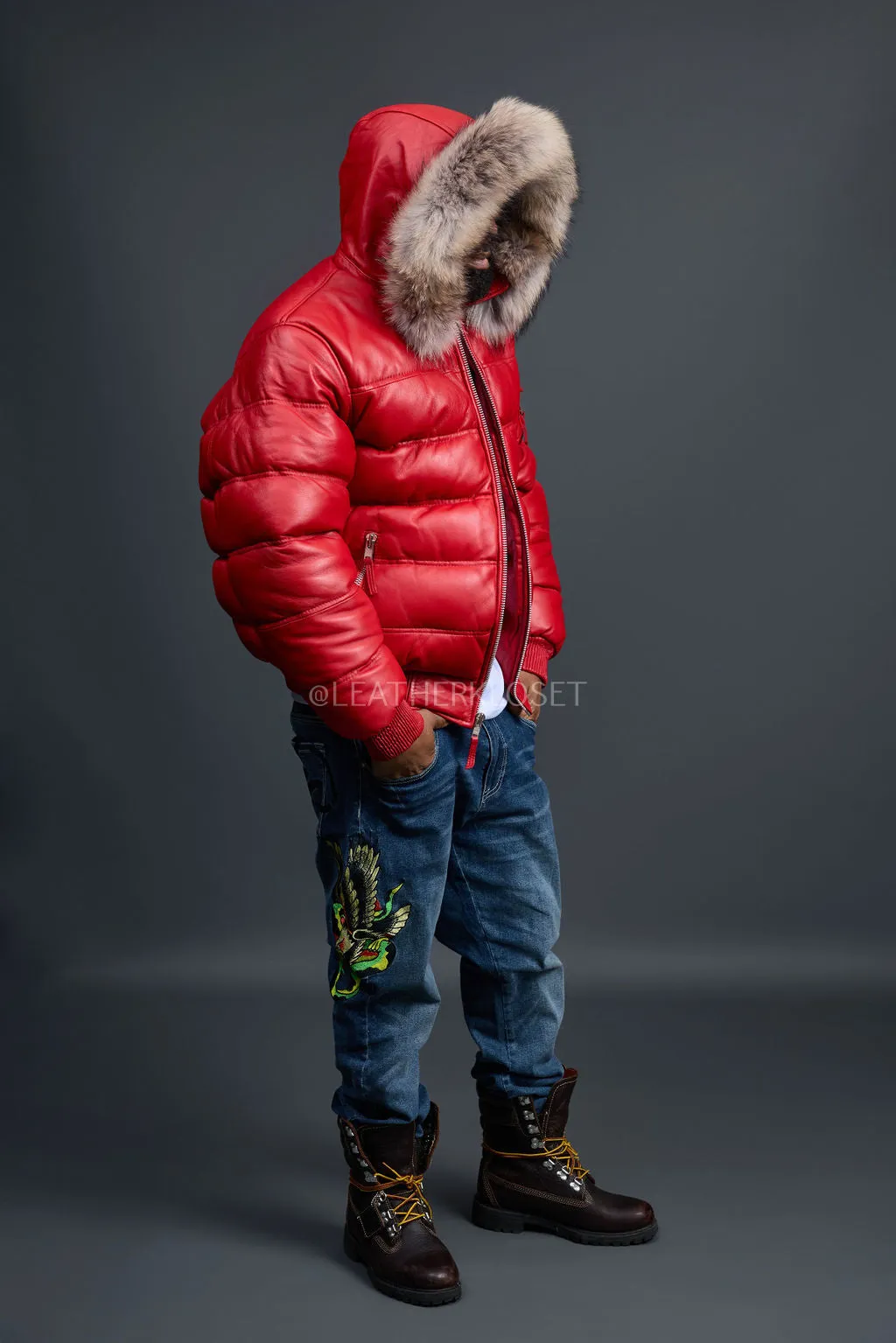 Men’s Aspen Leather Bubble Bomber Jacket [Red/Raccoon]