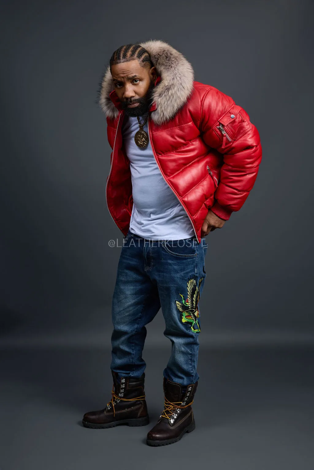 Men’s Aspen Leather Bubble Bomber Jacket [Red/Raccoon]