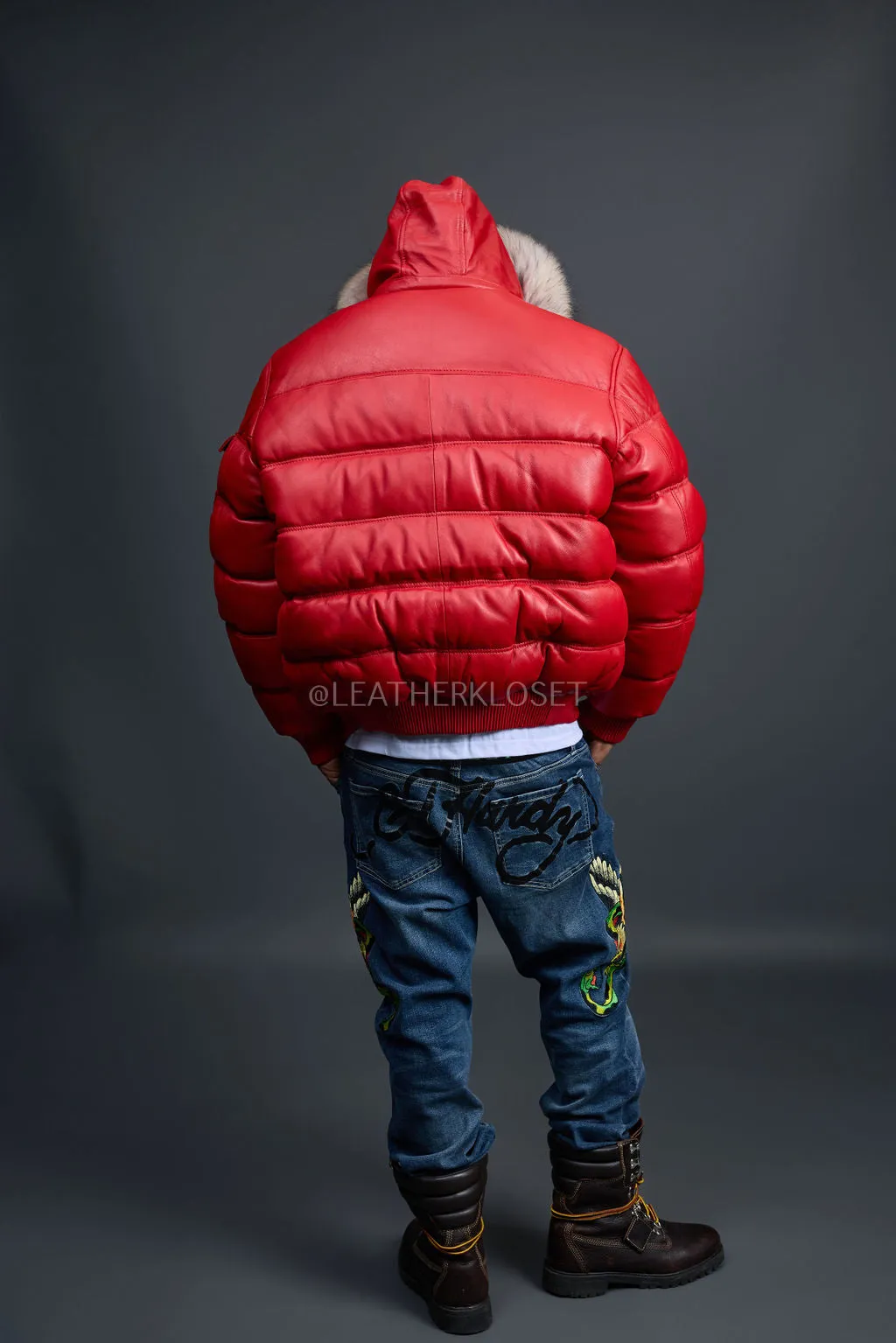 Men’s Aspen Leather Bubble Bomber Jacket [Red/Raccoon]