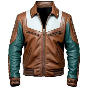 Men's Brown-Green Quilted Genuine Sheepskin Bomber Leather Jacket