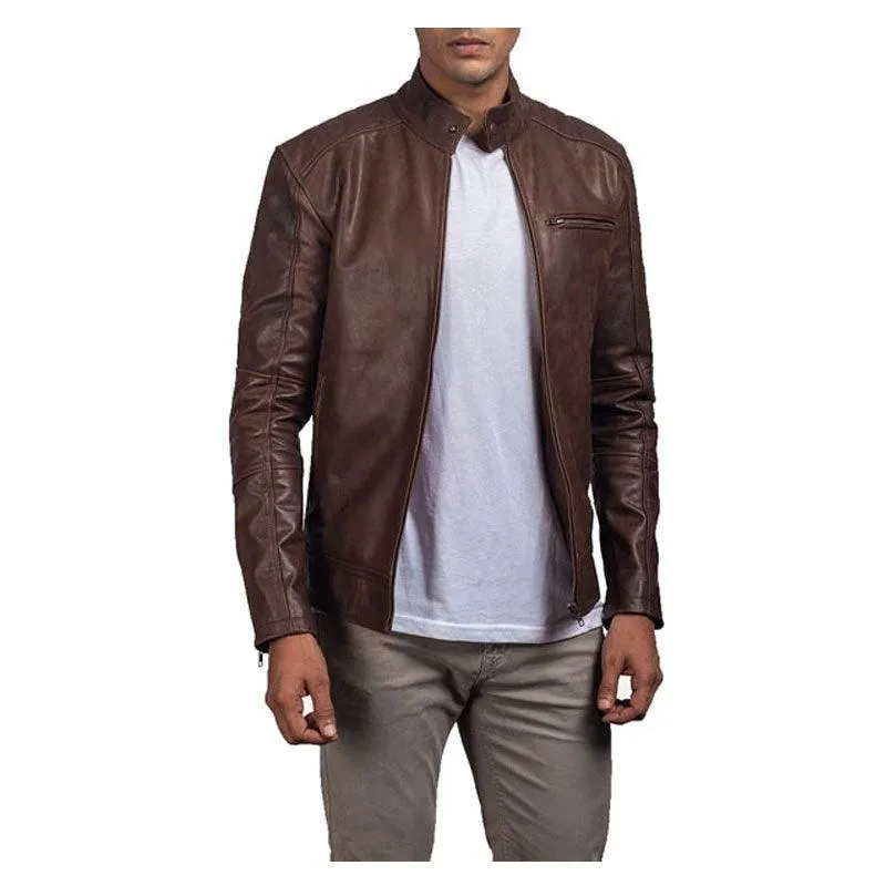 Men's Leather Biker Jacket In Brown