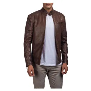 Men's Leather Biker Jacket In Brown