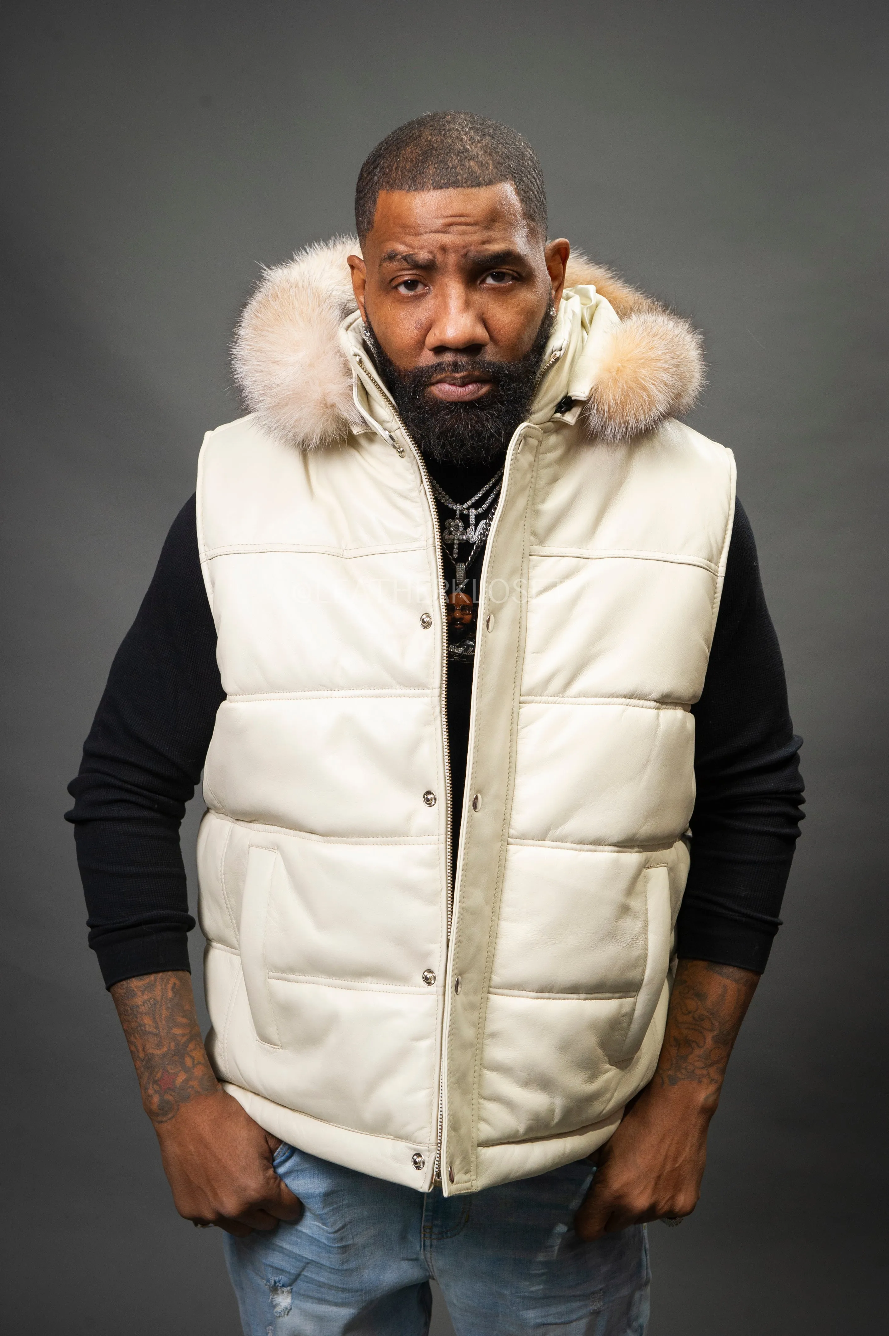 Men's Leather Bubble Vest With Fox Fur Hood [Beige]