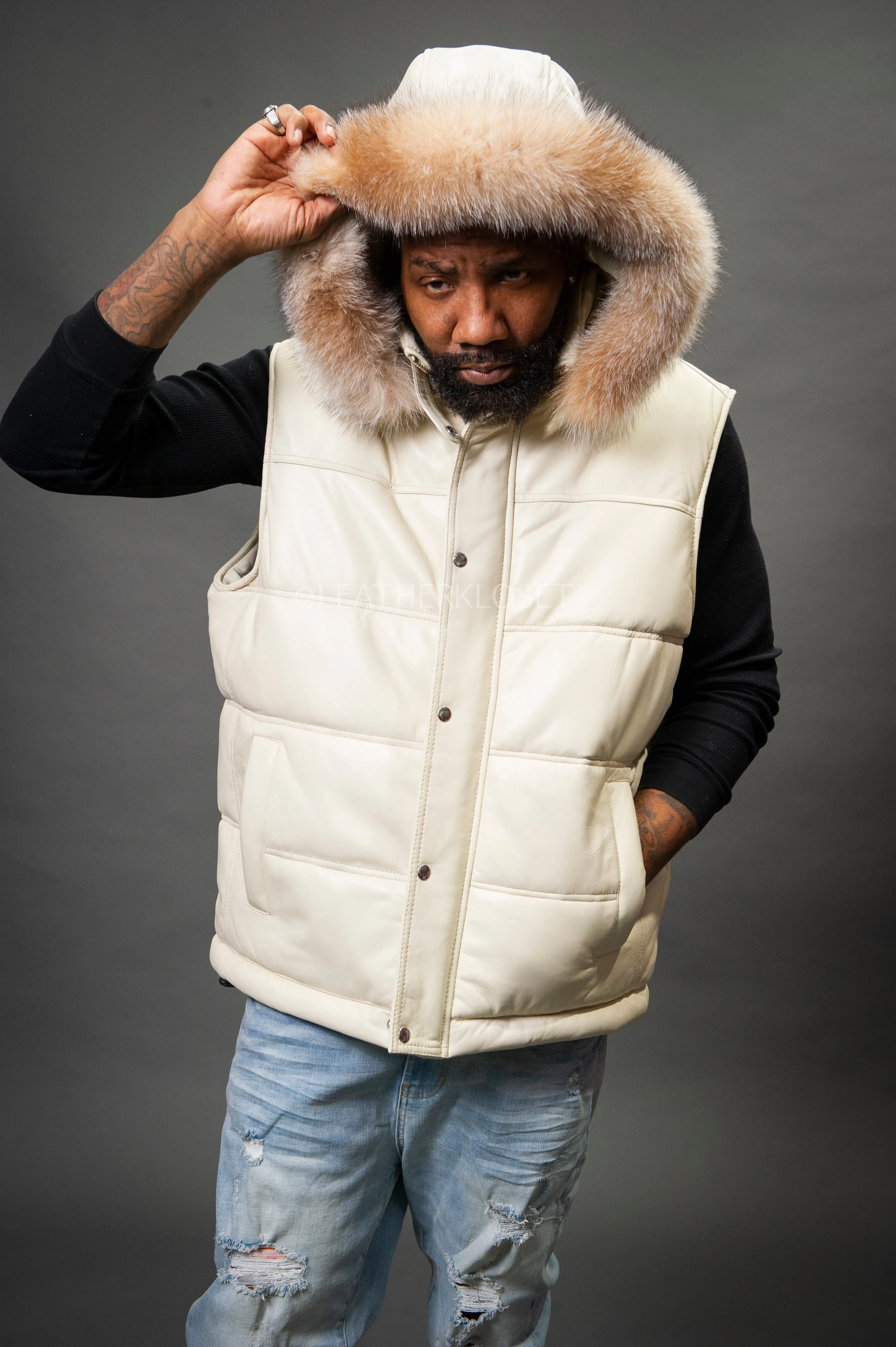 Men's Leather Bubble Vest With Fox Fur Hood [Beige]