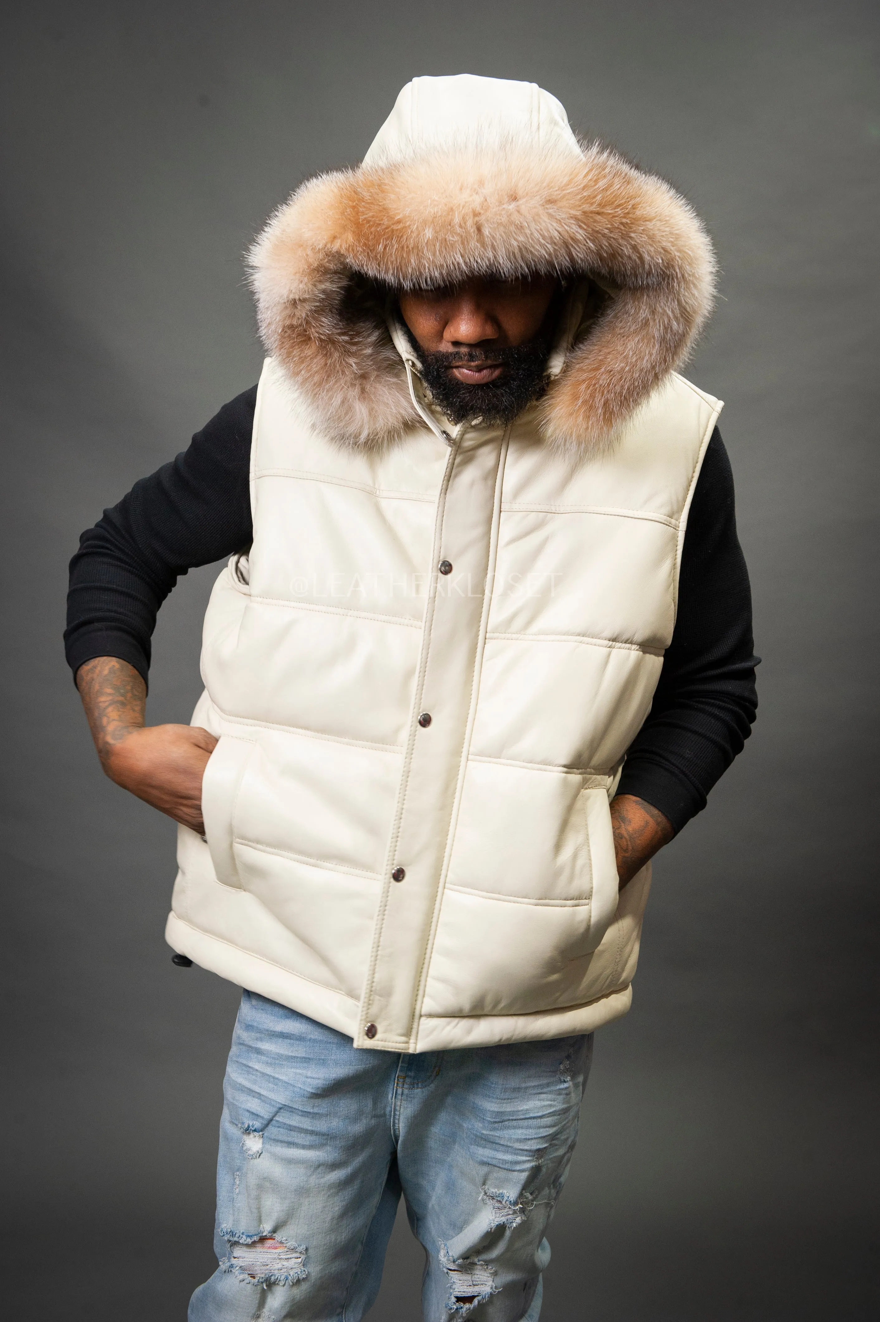 Men's Leather Bubble Vest With Fox Fur Hood [Beige]