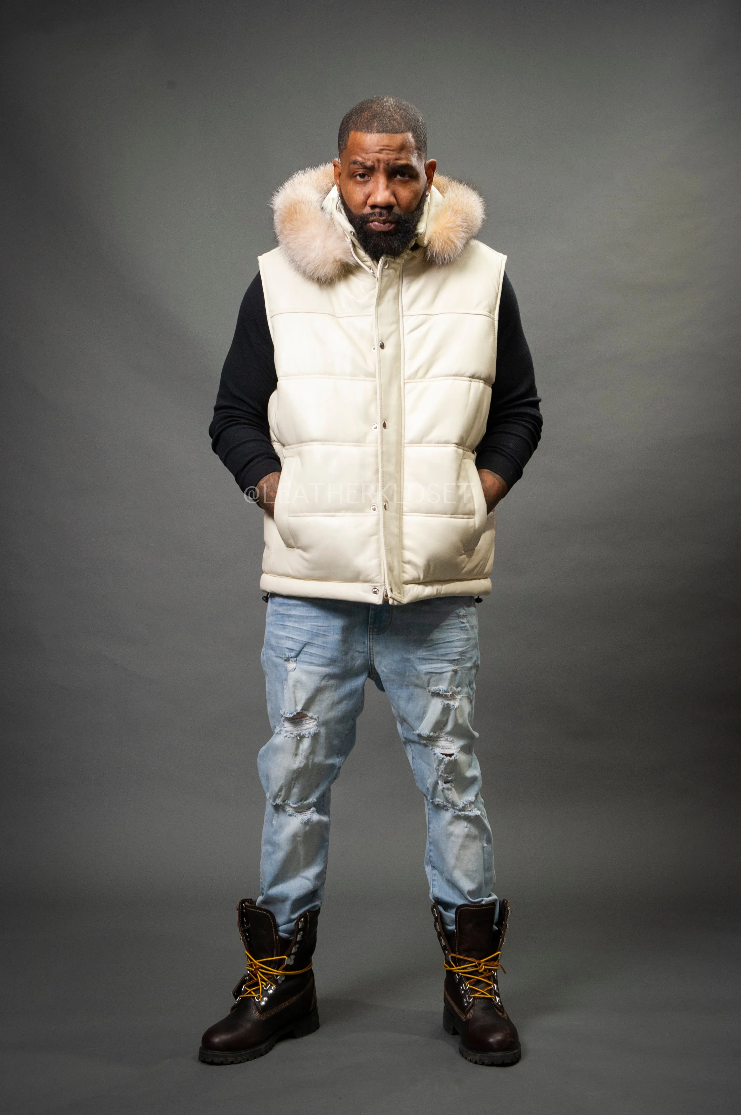 Men's Leather Bubble Vest With Fox Fur Hood [Beige]