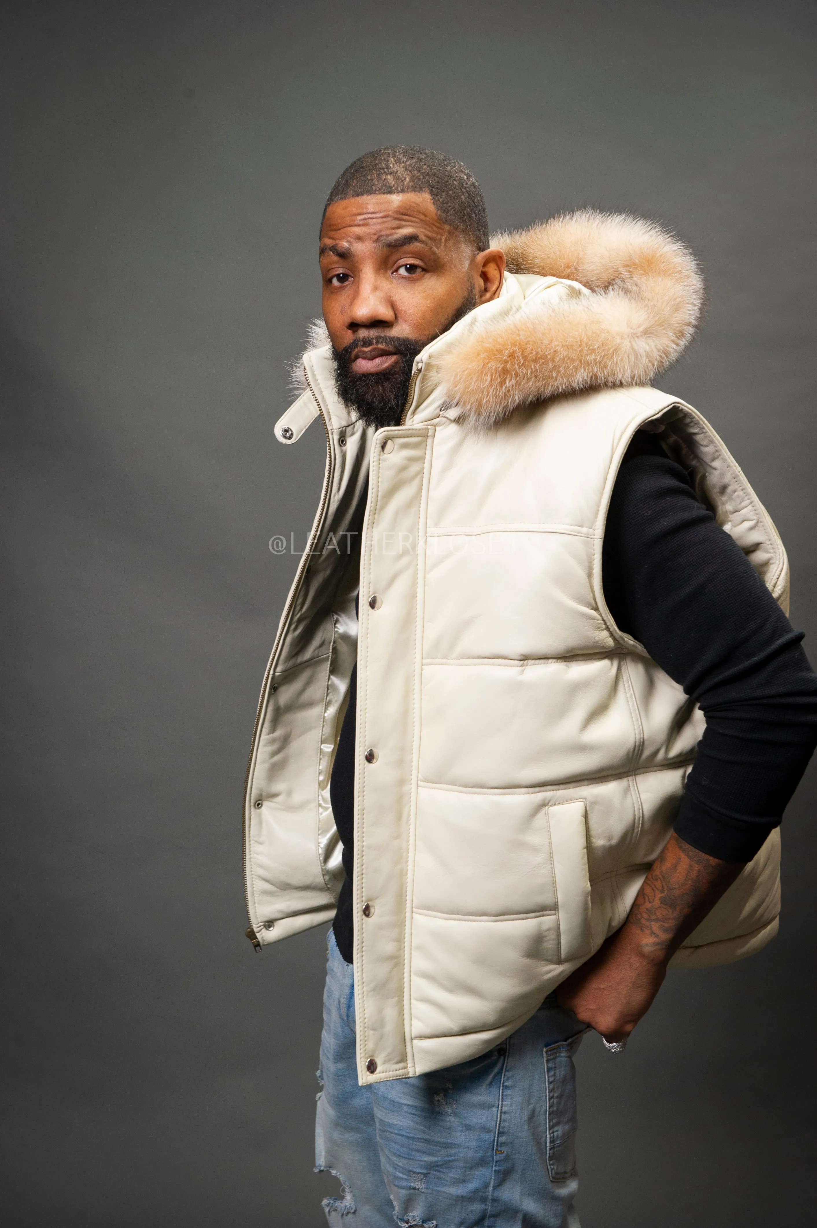 Men's Leather Bubble Vest With Fox Fur Hood [Beige]