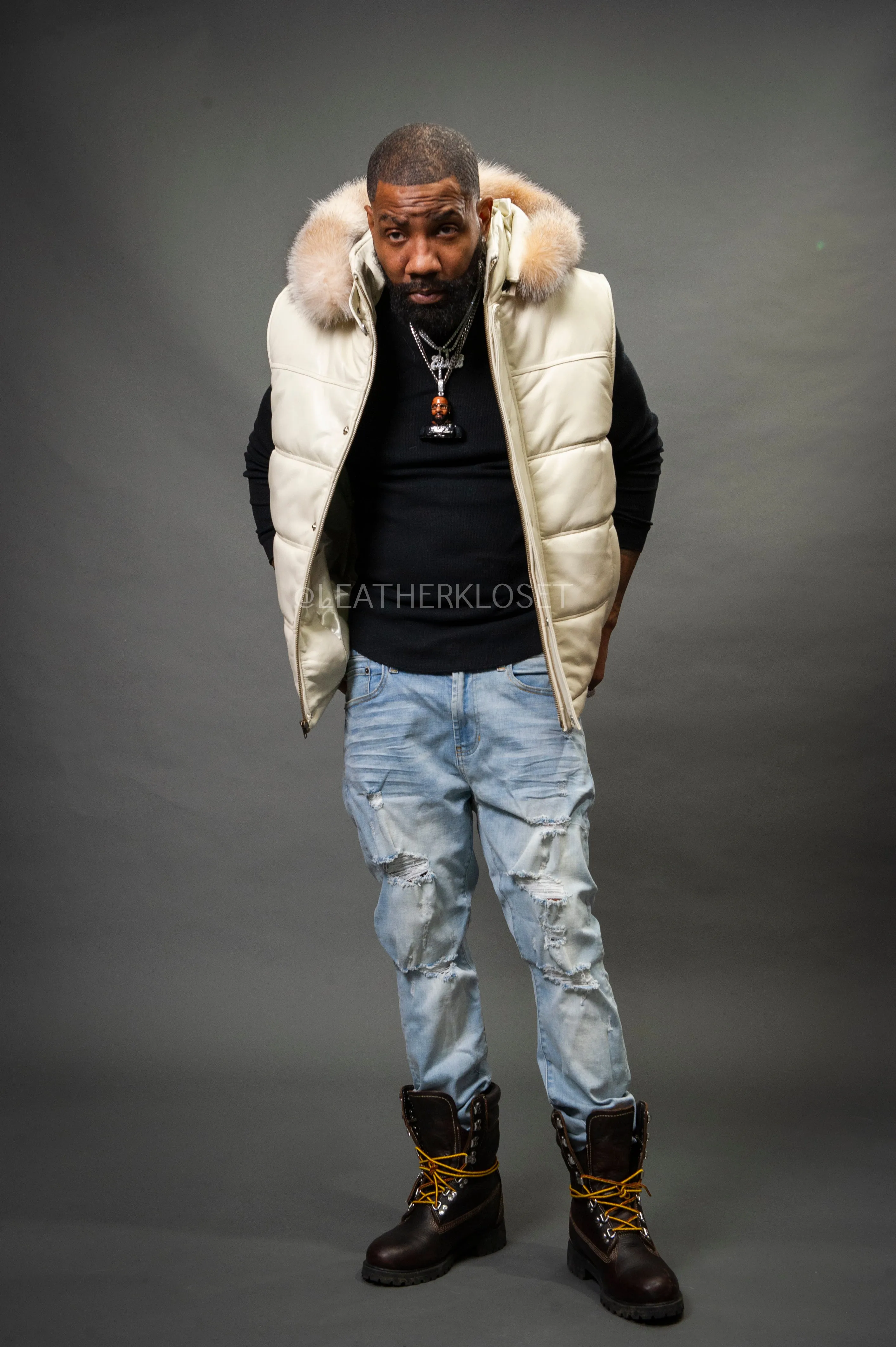 Men's Leather Bubble Vest With Fox Fur Hood [Beige]