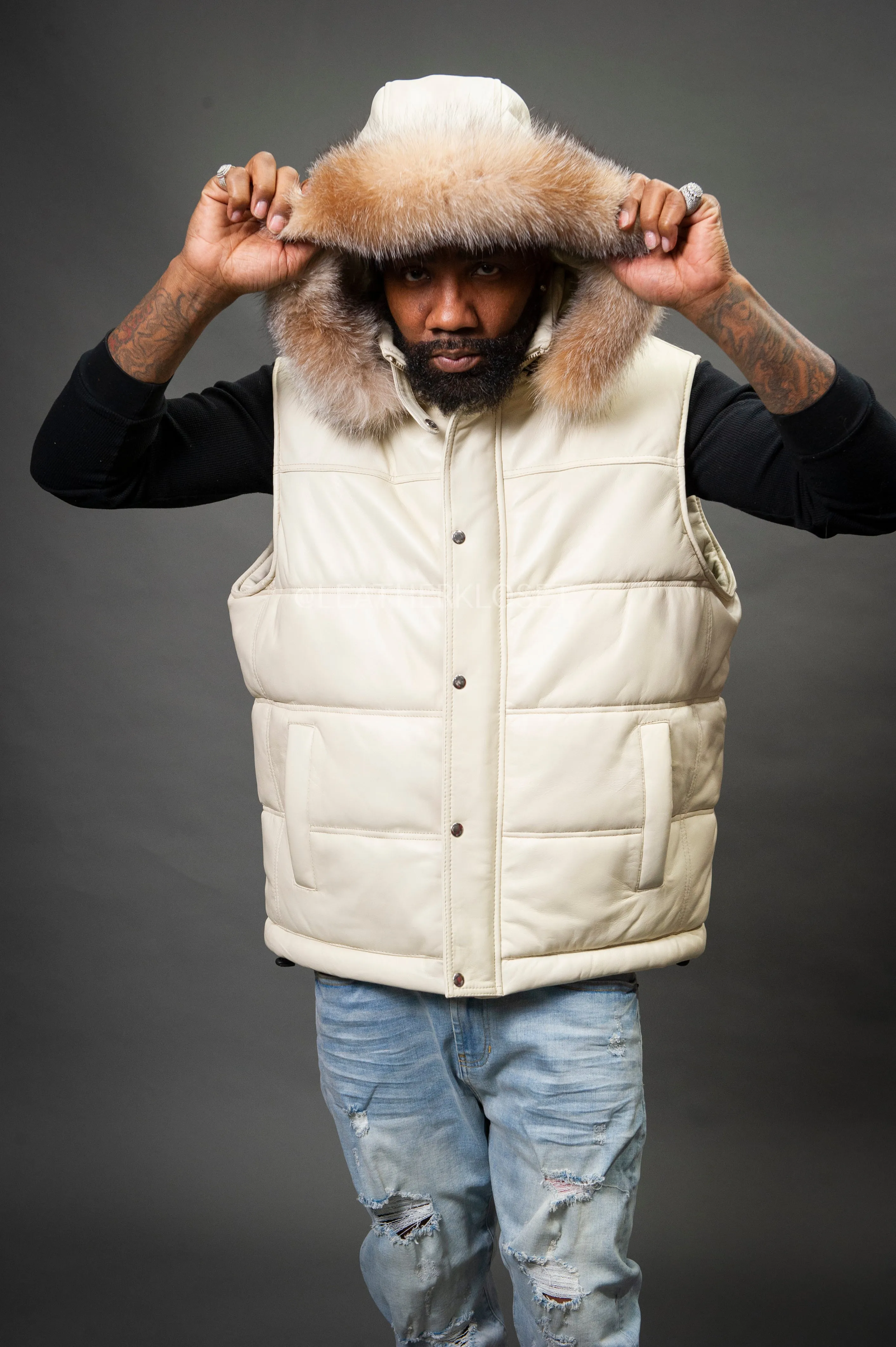 Men's Leather Bubble Vest With Fox Fur Hood [Beige]