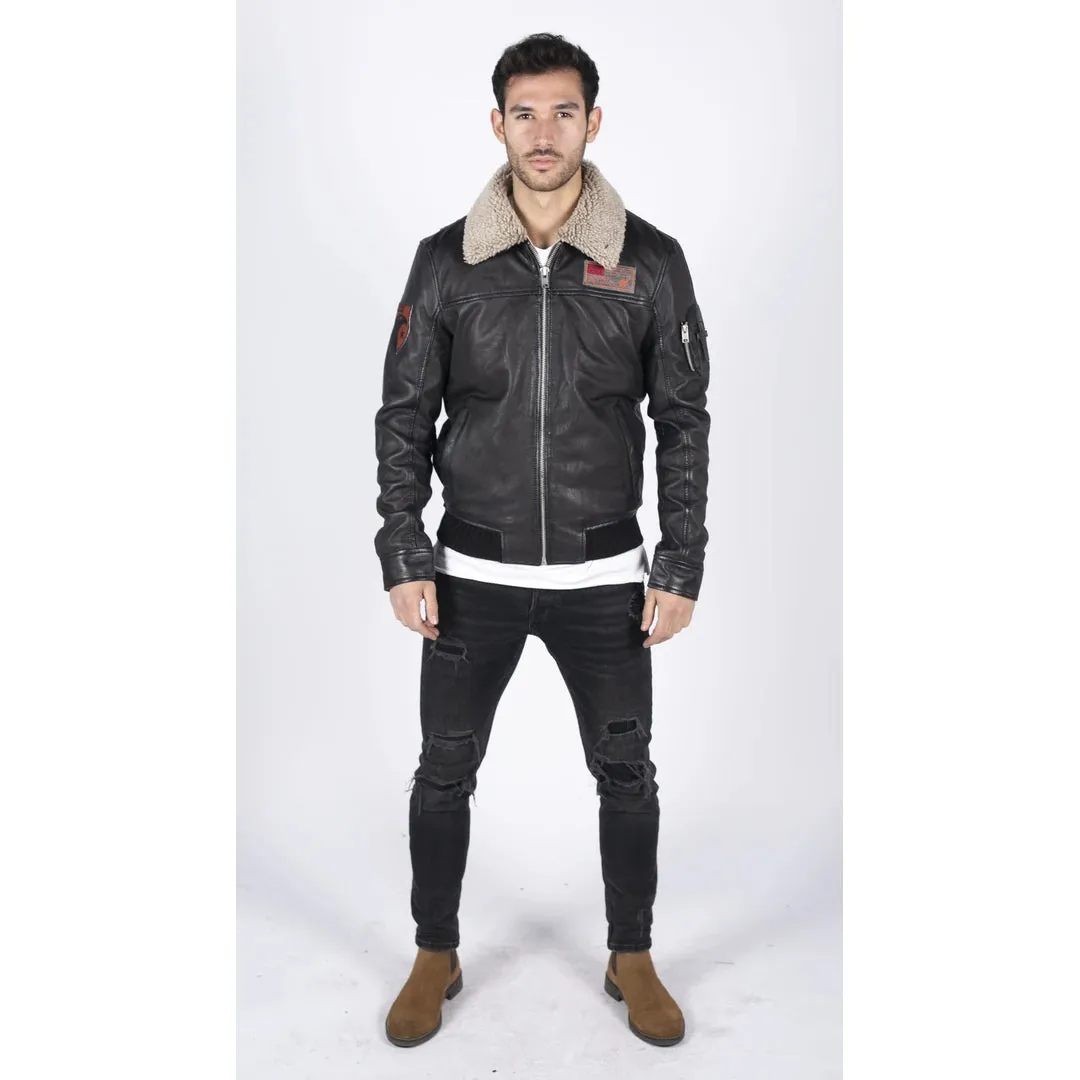 Men's Leather Pilot Bomber Jacket Air Force Badge & Fur Collar