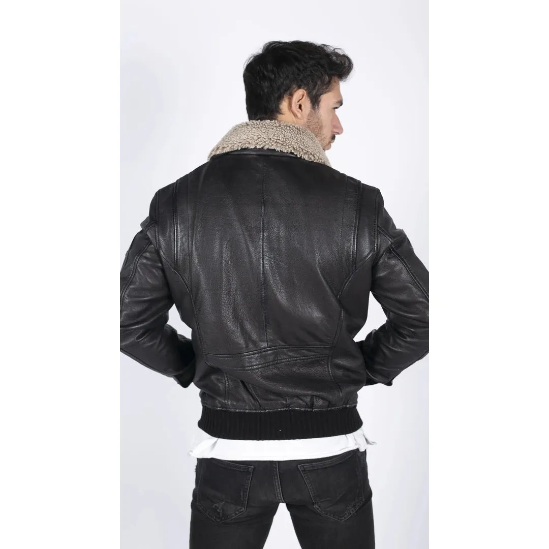 Men's Leather Pilot Bomber Jacket Air Force Badge & Fur Collar