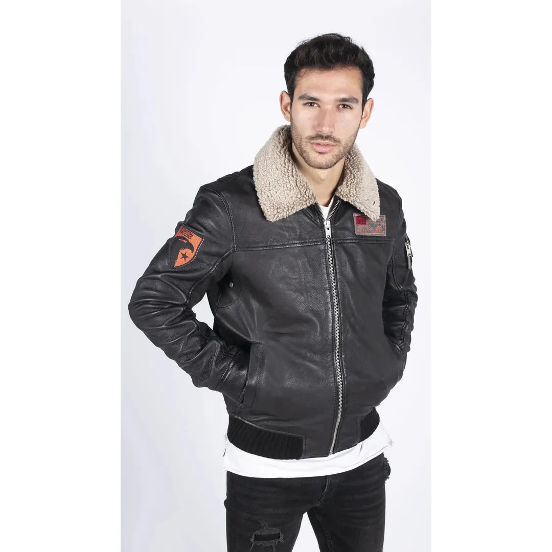 Men's Leather Pilot Bomber Jacket Air Force Badge & Fur Collar