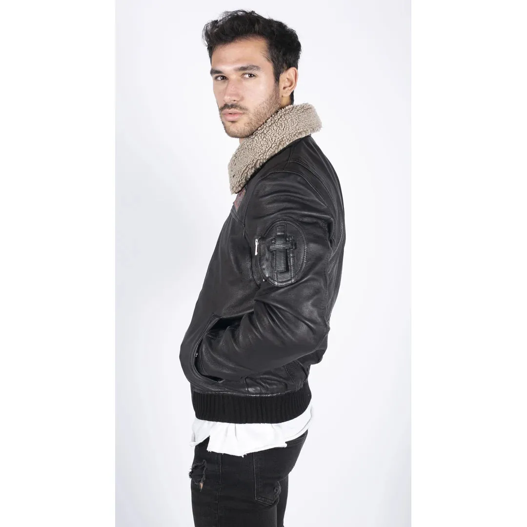 Men's Leather Pilot Bomber Jacket Air Force Badge & Fur Collar