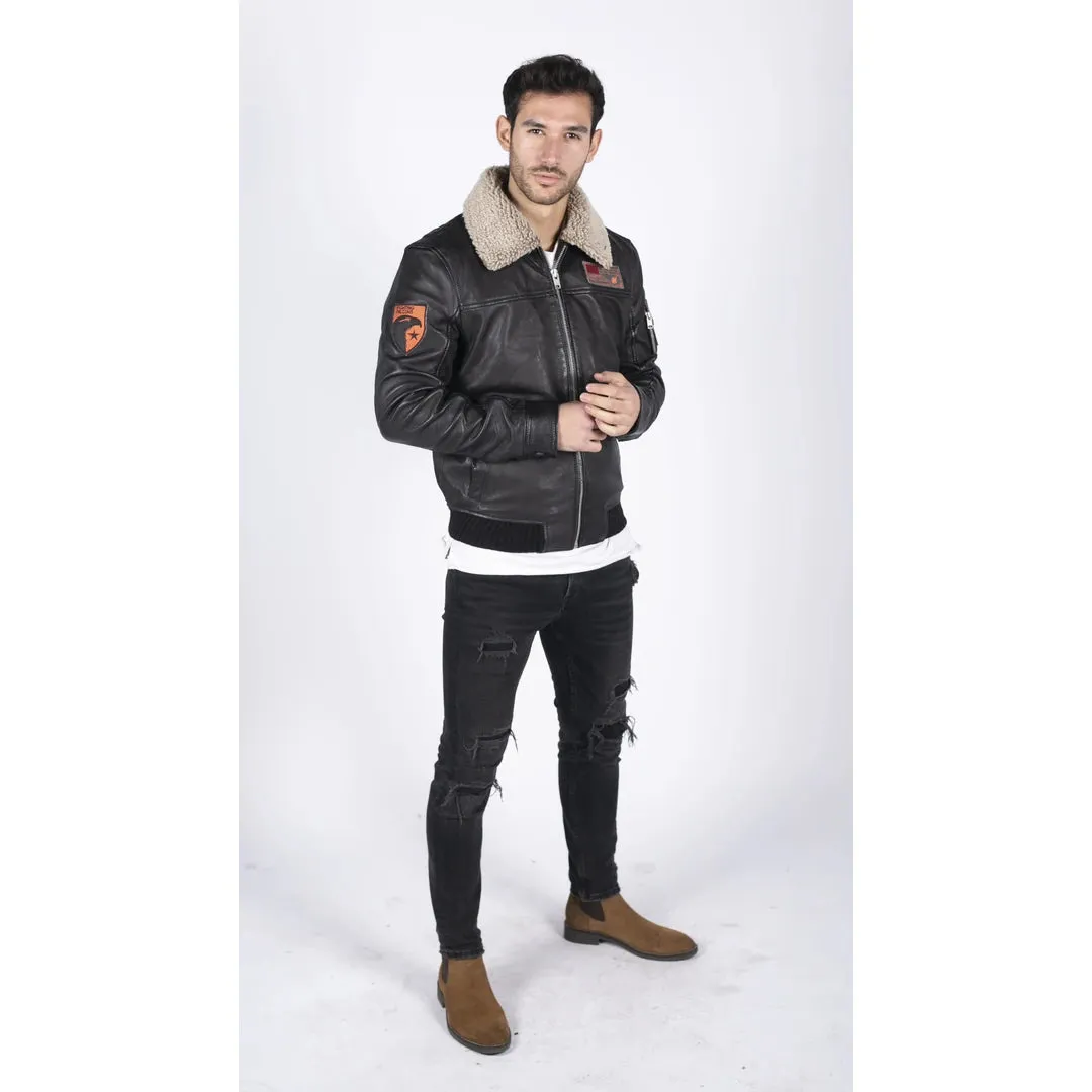 Men's Leather Pilot Bomber Jacket Air Force Badge & Fur Collar