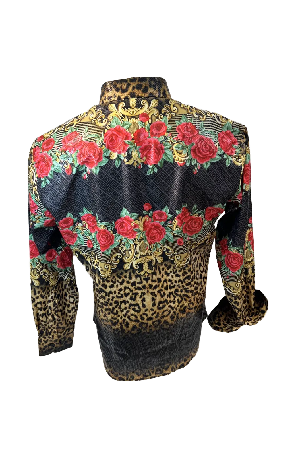 Men's Long Sleeve Button Down Dress Shirt Floral Rose Leopard Black Red Gold