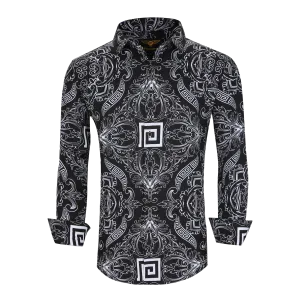 Men's PREMIERE Black White Geometric Floral Tribal Design Long Sleeve Button Down Dress Shirt