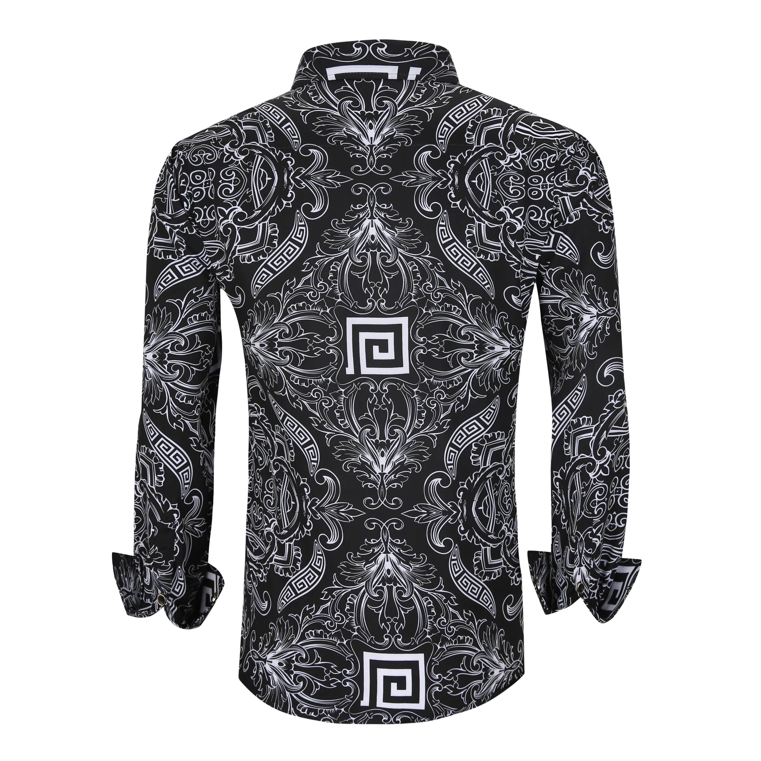 Men's PREMIERE Black White Geometric Floral Tribal Design Long Sleeve Button Down Dress Shirt
