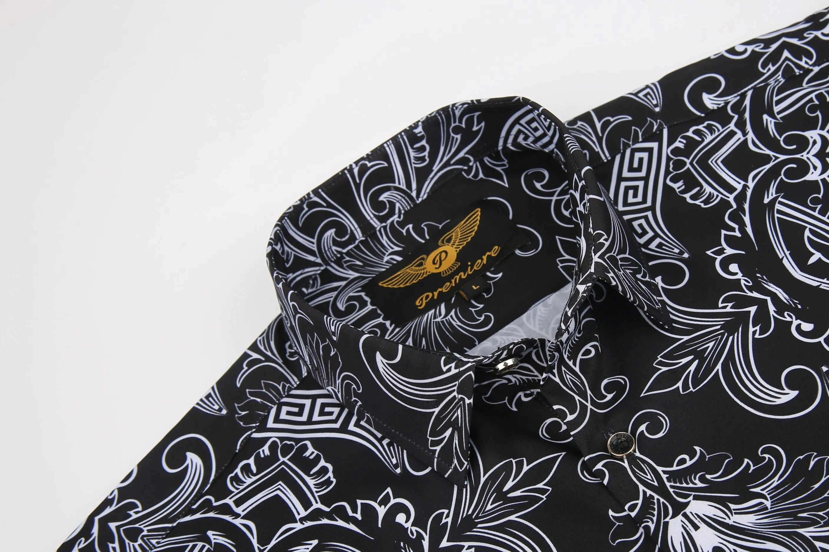 Men's PREMIERE Black White Geometric Floral Tribal Design Long Sleeve Button Down Dress Shirt