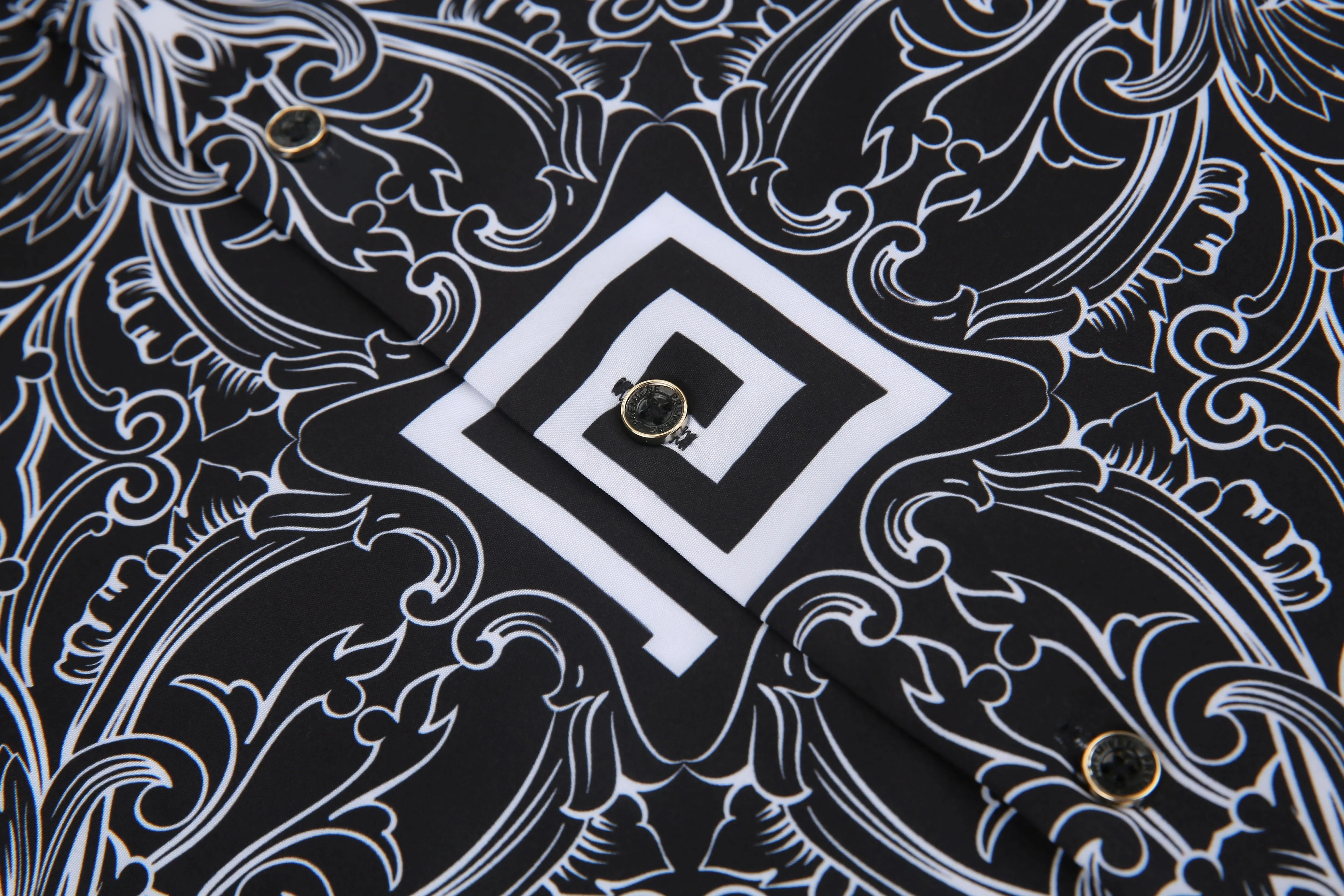 Men's PREMIERE Black White Geometric Floral Tribal Design Long Sleeve Button Down Dress Shirt