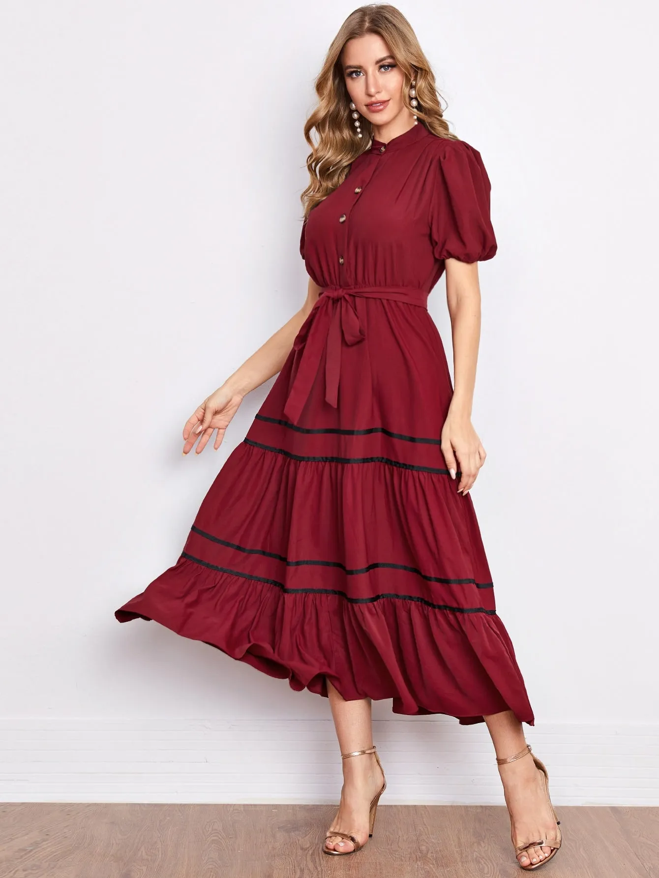 Mulvari Puff Sleeve Ruffle Hem Self Tie Shirt Dress