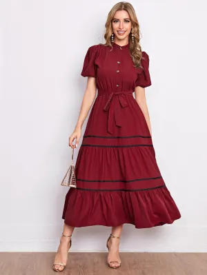 Mulvari Puff Sleeve Ruffle Hem Self Tie Shirt Dress