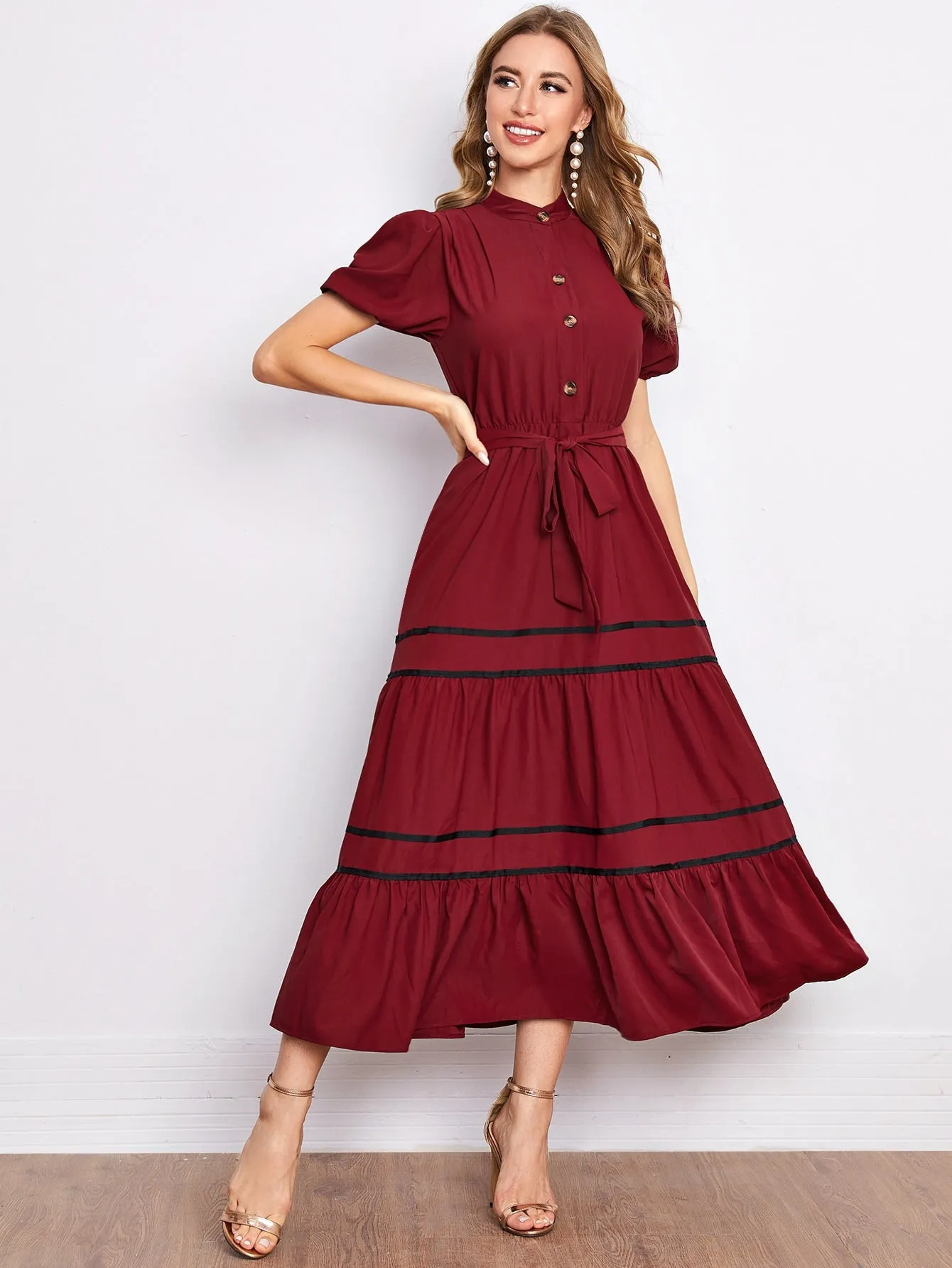 Mulvari Puff Sleeve Ruffle Hem Self Tie Shirt Dress