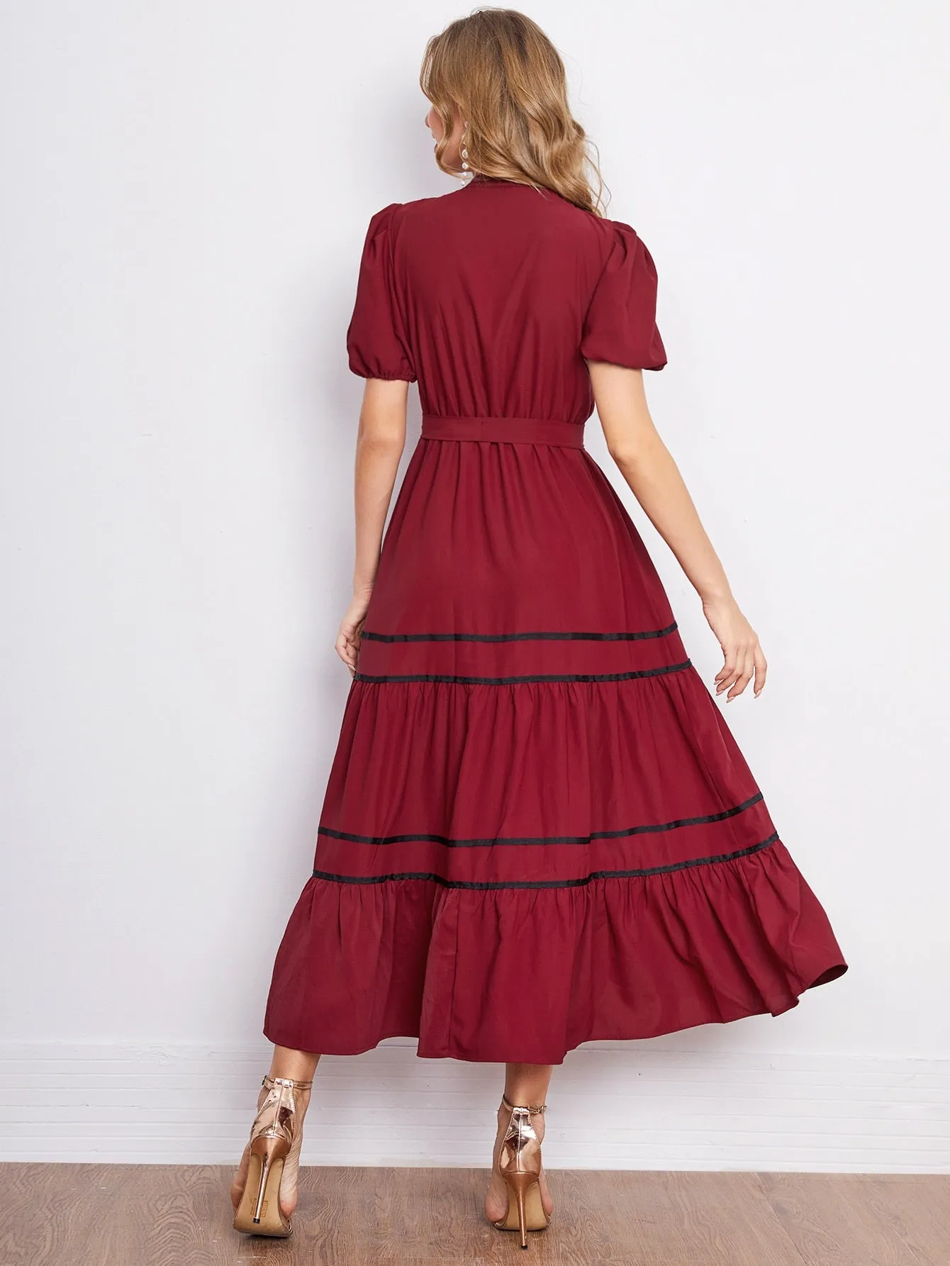 Mulvari Puff Sleeve Ruffle Hem Self Tie Shirt Dress