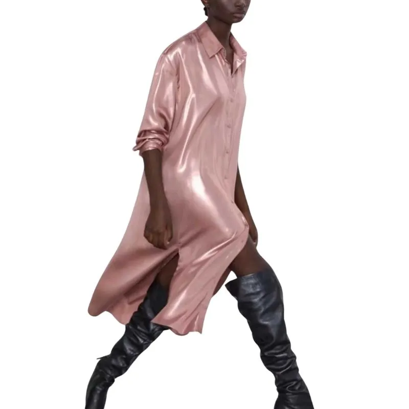 Oversized Shirt-Dress Pink Satin Metallic