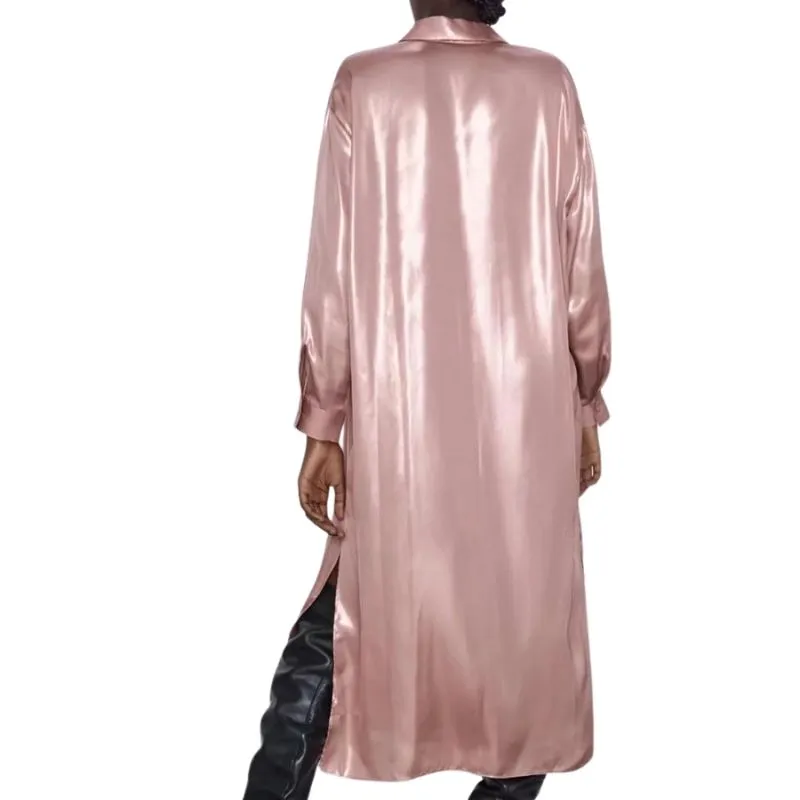 Oversized Shirt-Dress Pink Satin Metallic