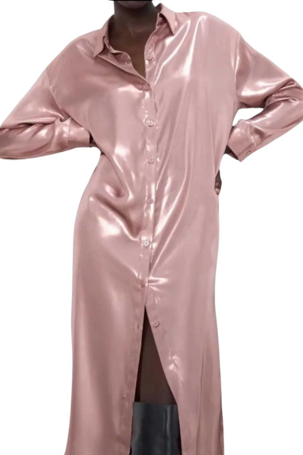 Oversized Shirt-Dress Pink Satin Metallic