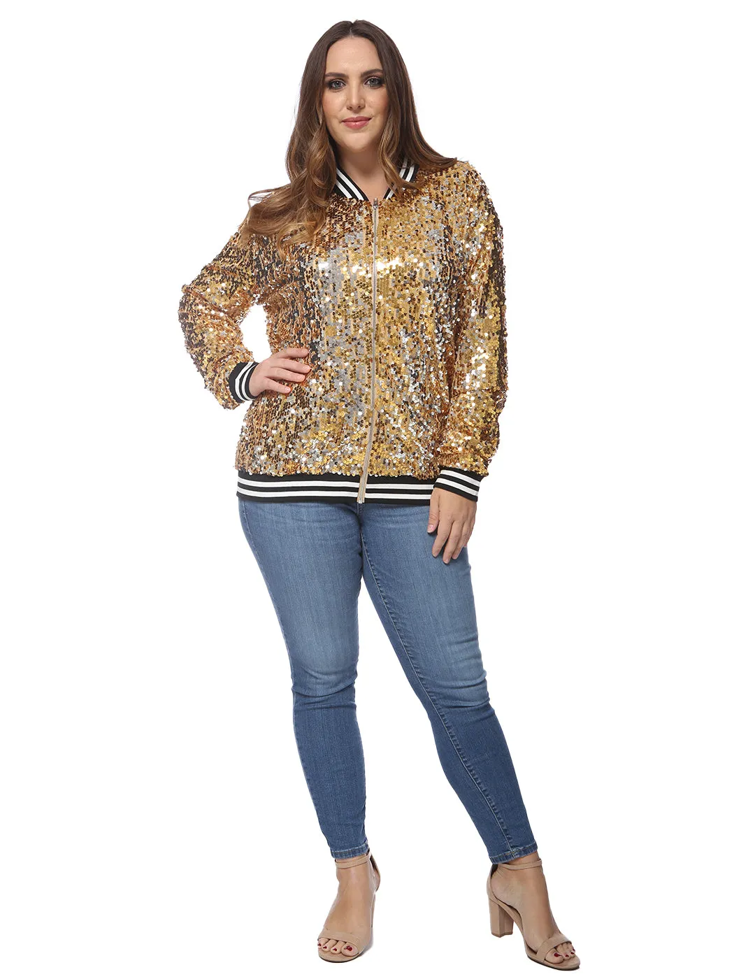 Plus Size Sequin Bomber Jacket