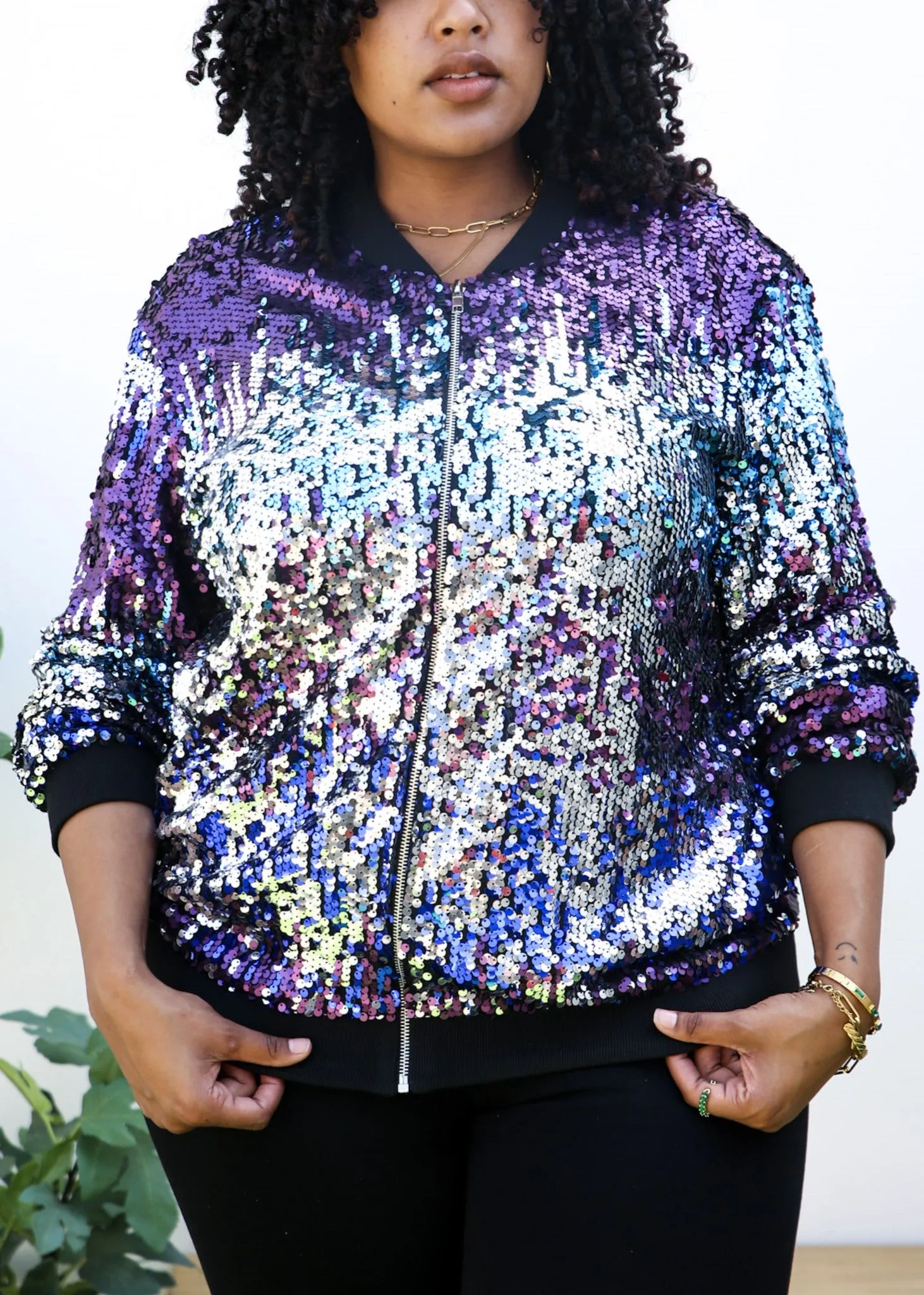 Plus Size Sequin Bomber Jacket