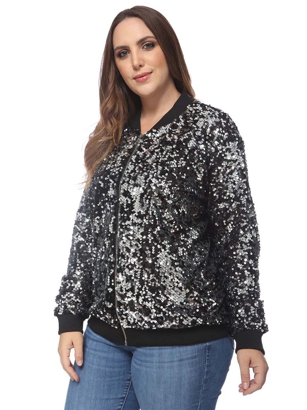 Plus Size Sequin Bomber Jacket