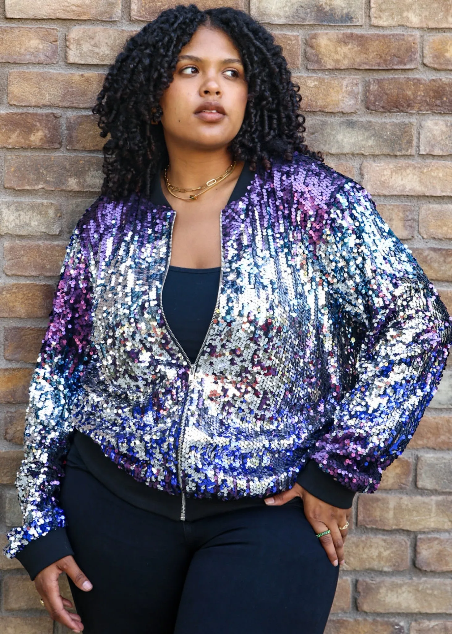 Plus Size Sequin Bomber Jacket