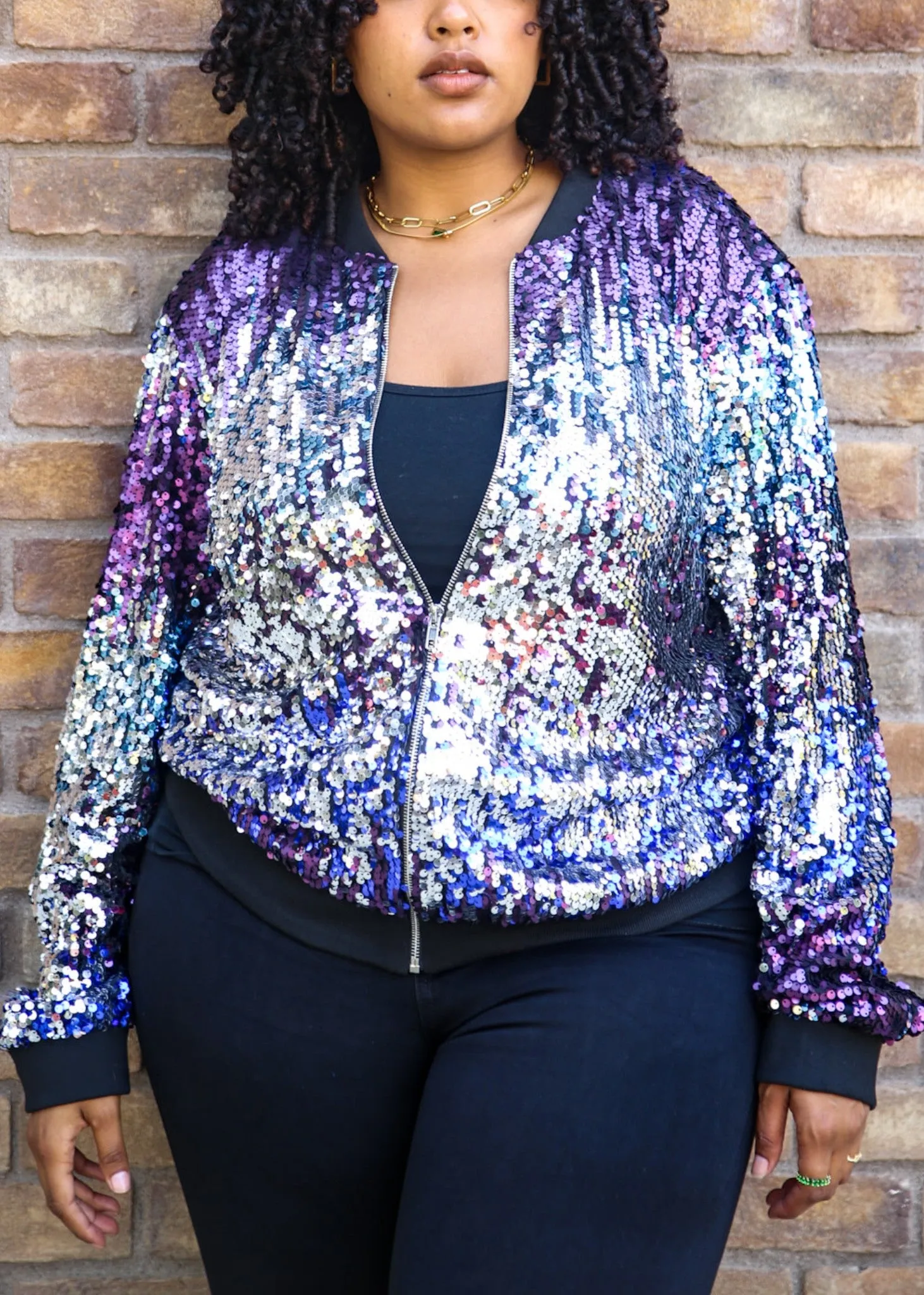 Plus Size Sequin Bomber Jacket