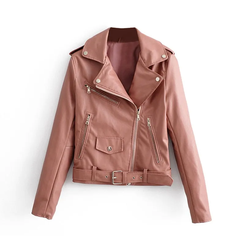 Pu Leather Bomber Jacket With Belt Women Irregular