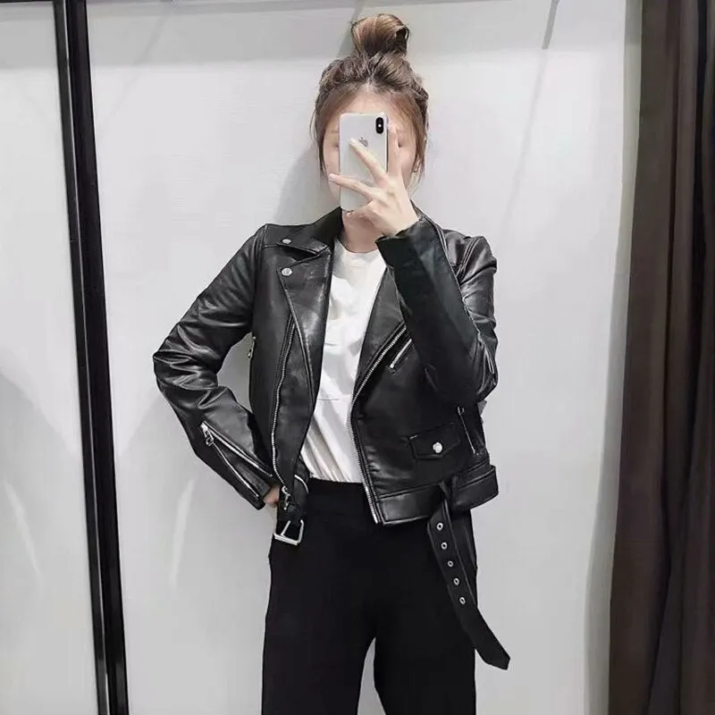 Pu Leather Bomber Jacket With Belt Women Irregular