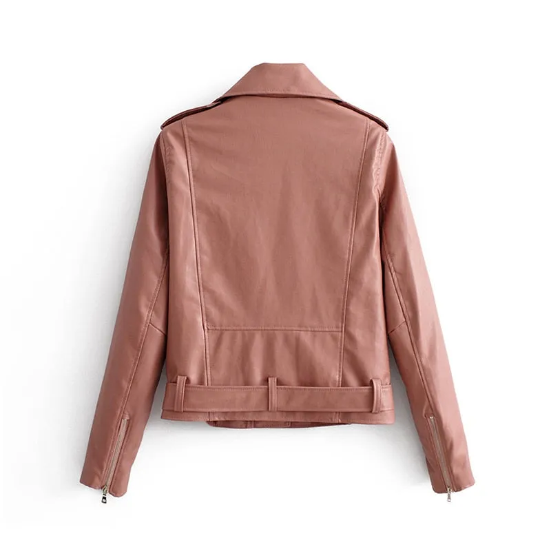 Pu Leather Bomber Jacket With Belt Women Irregular