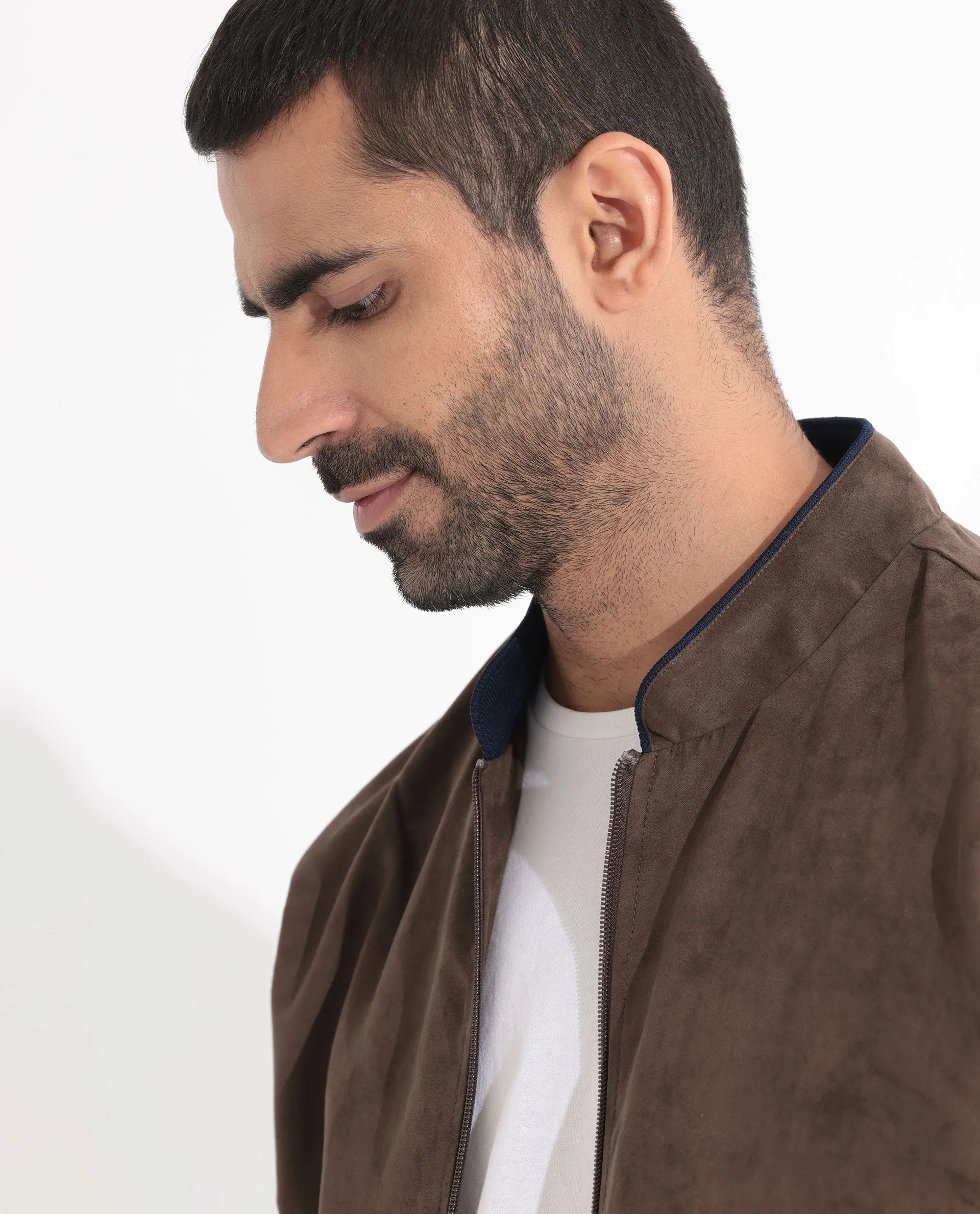 Rare Rabbit Men's Henron Dark Brown Plain Suede Bomber Jacket