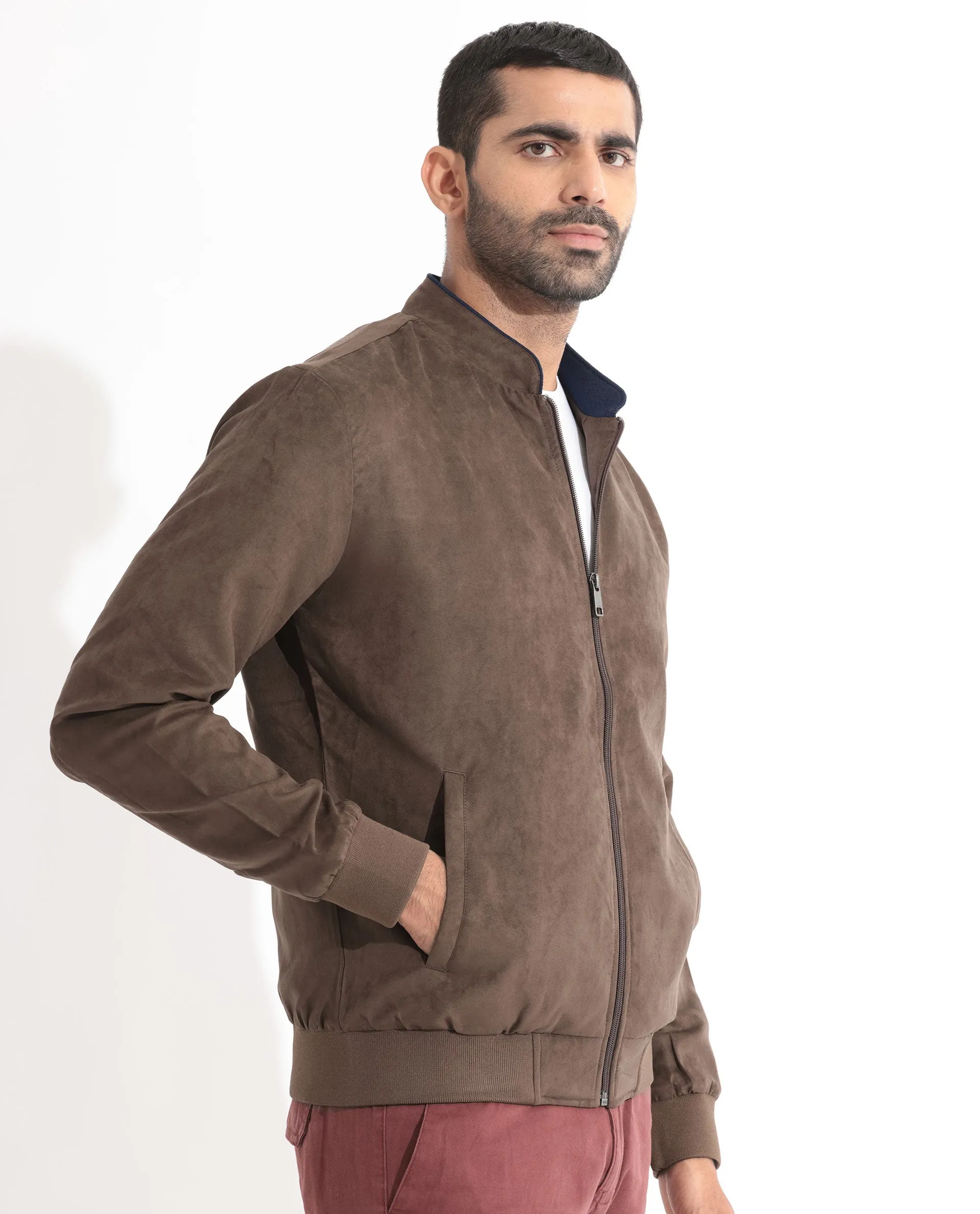 Rare Rabbit Men's Henron Dark Brown Plain Suede Bomber Jacket