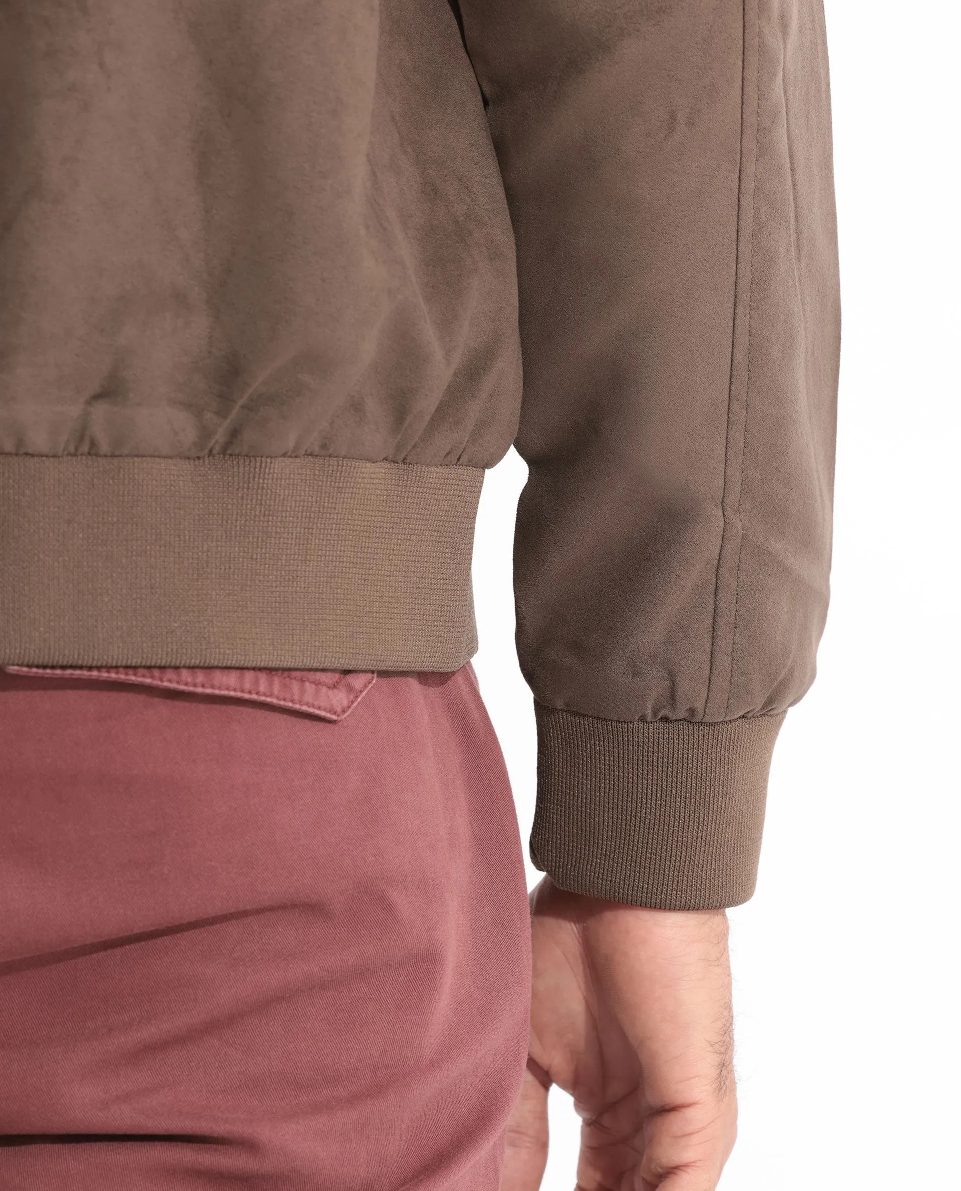 Rare Rabbit Men's Henron Dark Brown Plain Suede Bomber Jacket
