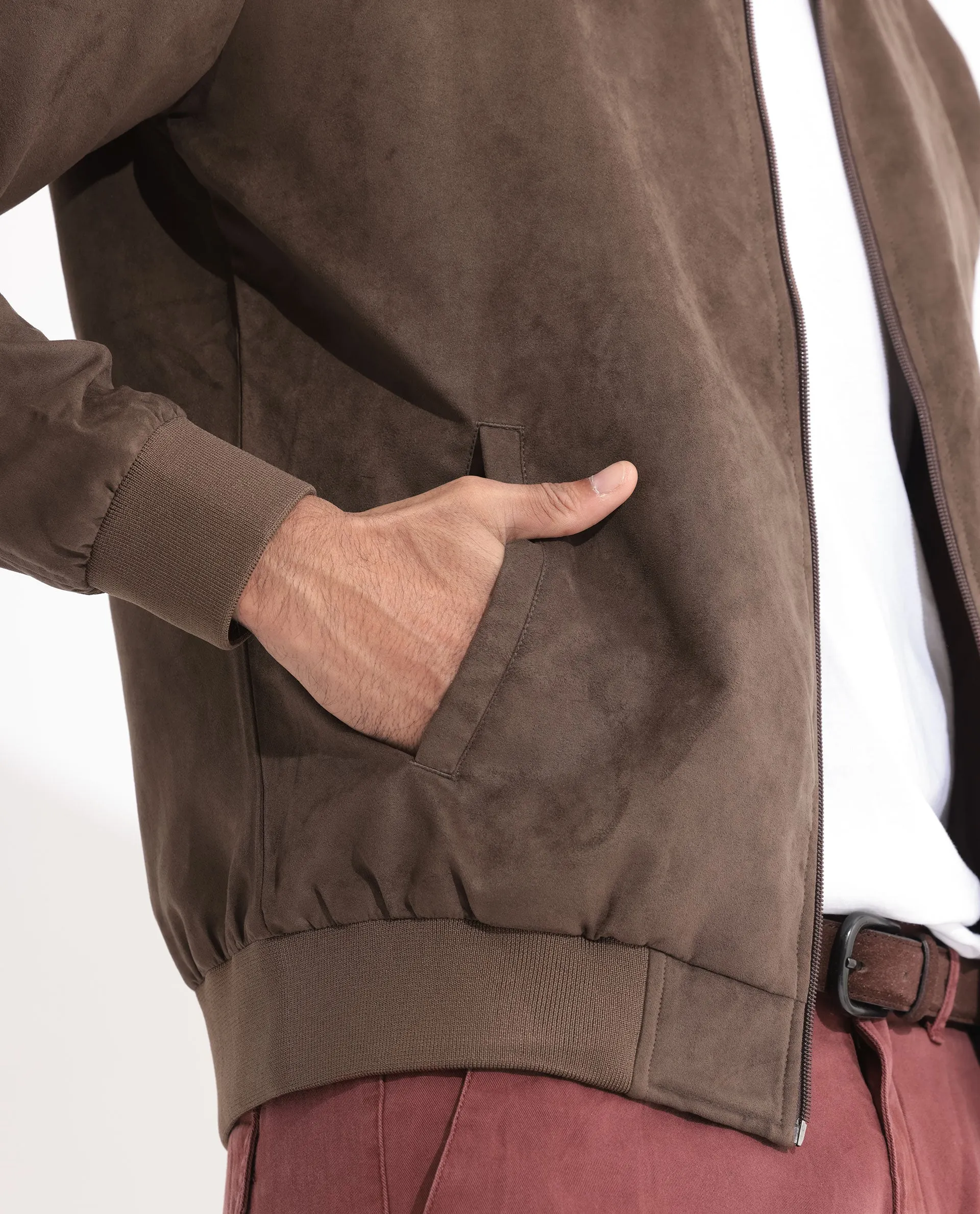 Rare Rabbit Men's Henron Dark Brown Plain Suede Bomber Jacket