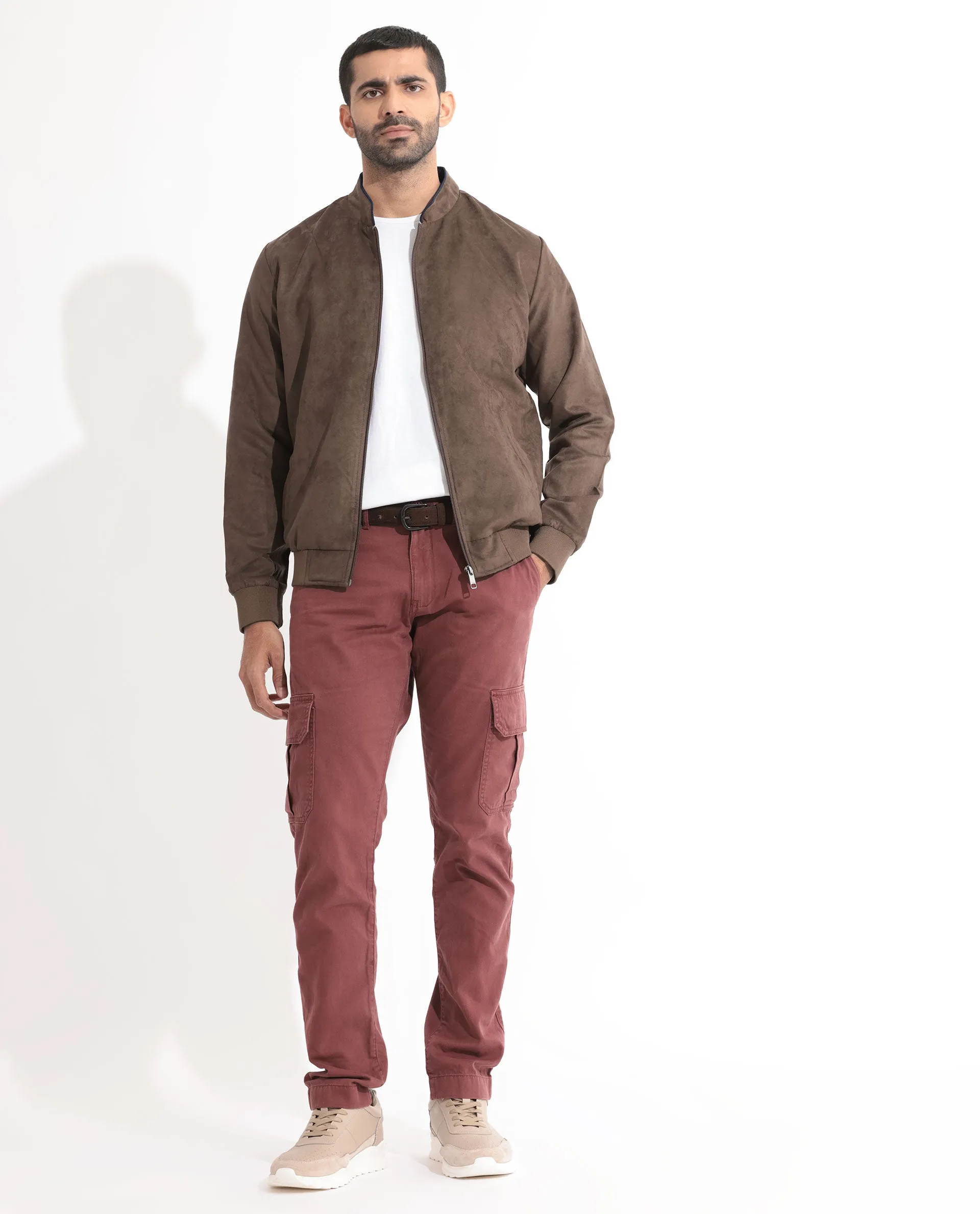 Rare Rabbit Men's Henron Dark Brown Plain Suede Bomber Jacket
