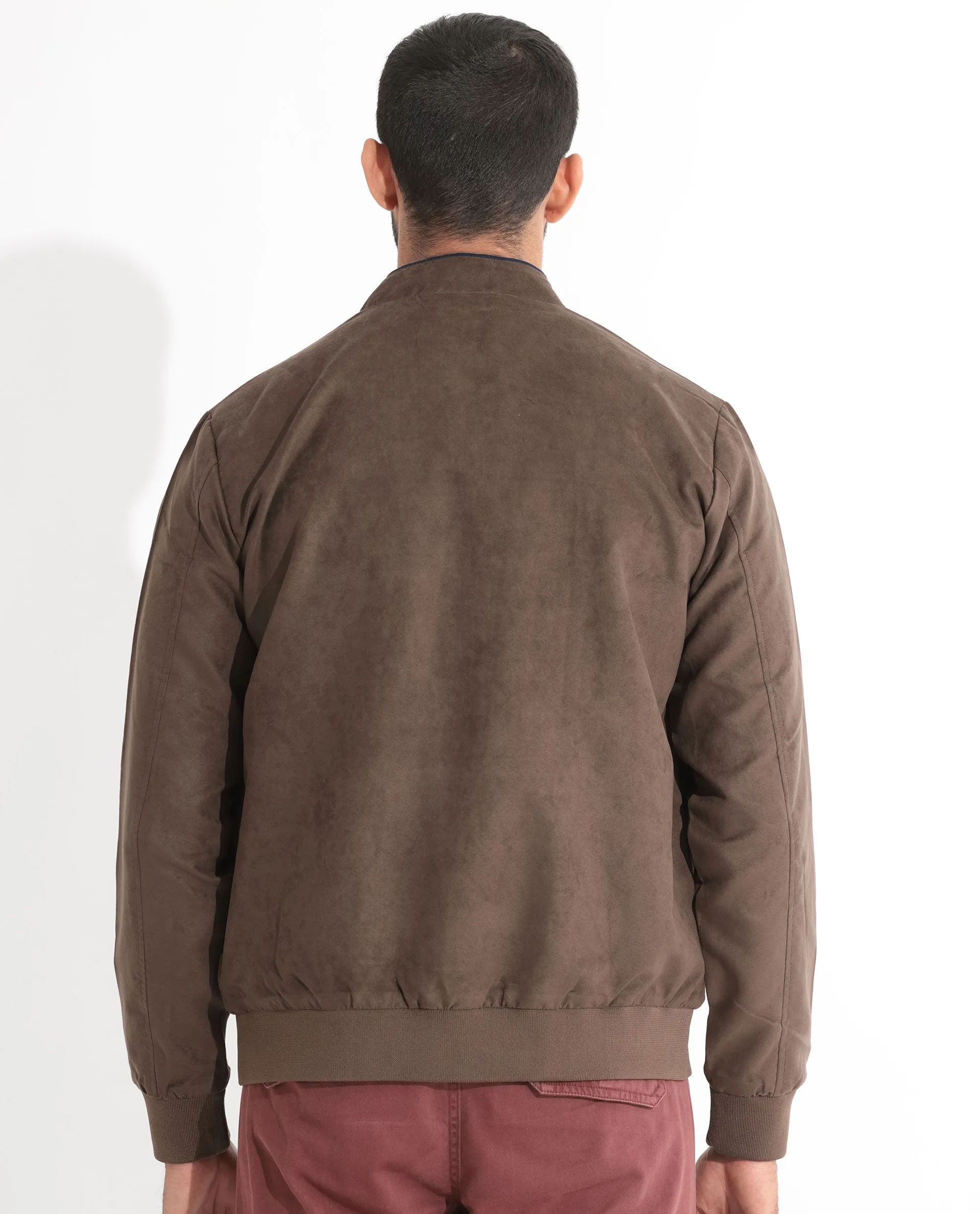Rare Rabbit Men's Henron Dark Brown Plain Suede Bomber Jacket