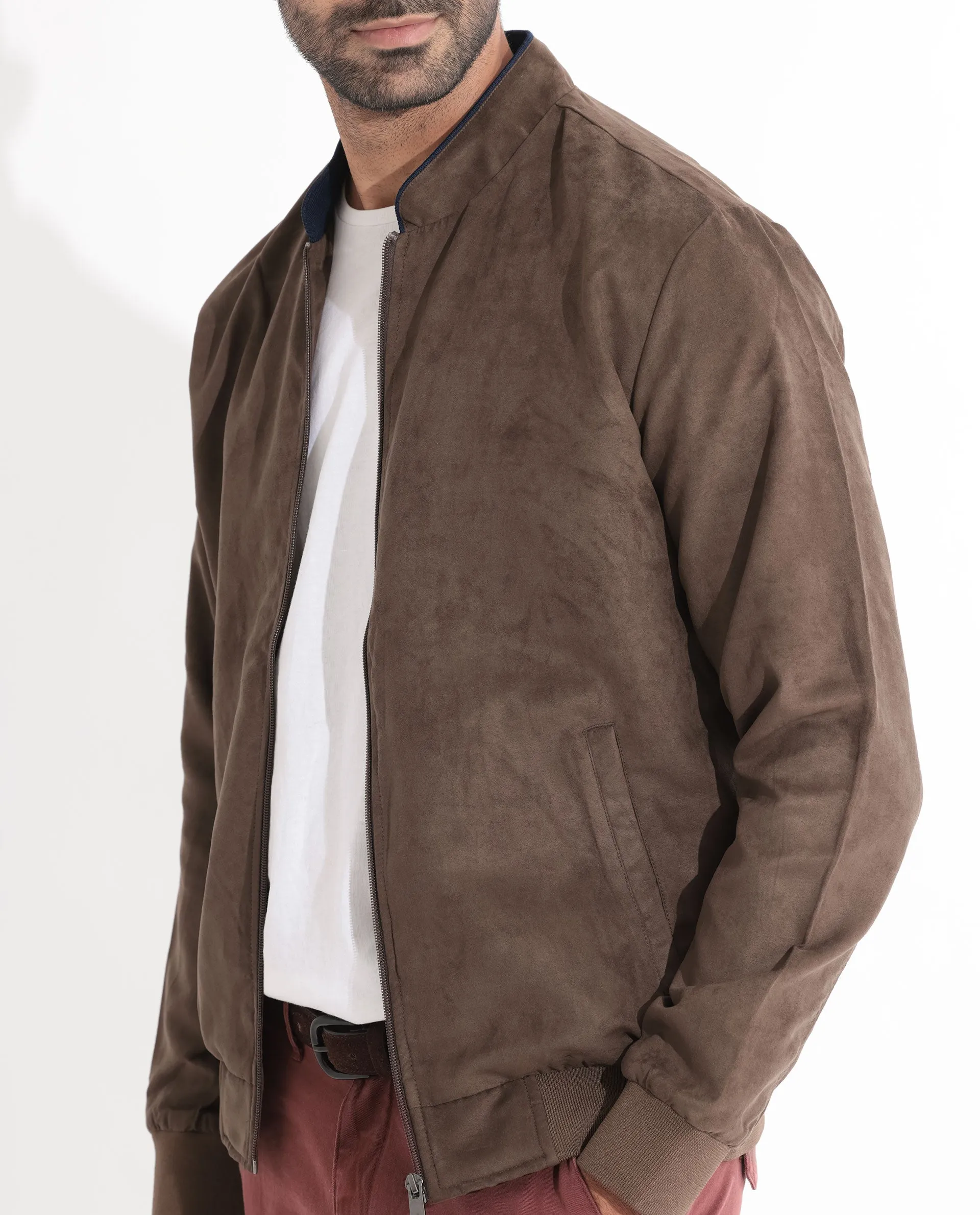 Rare Rabbit Men's Henron Dark Brown Plain Suede Bomber Jacket