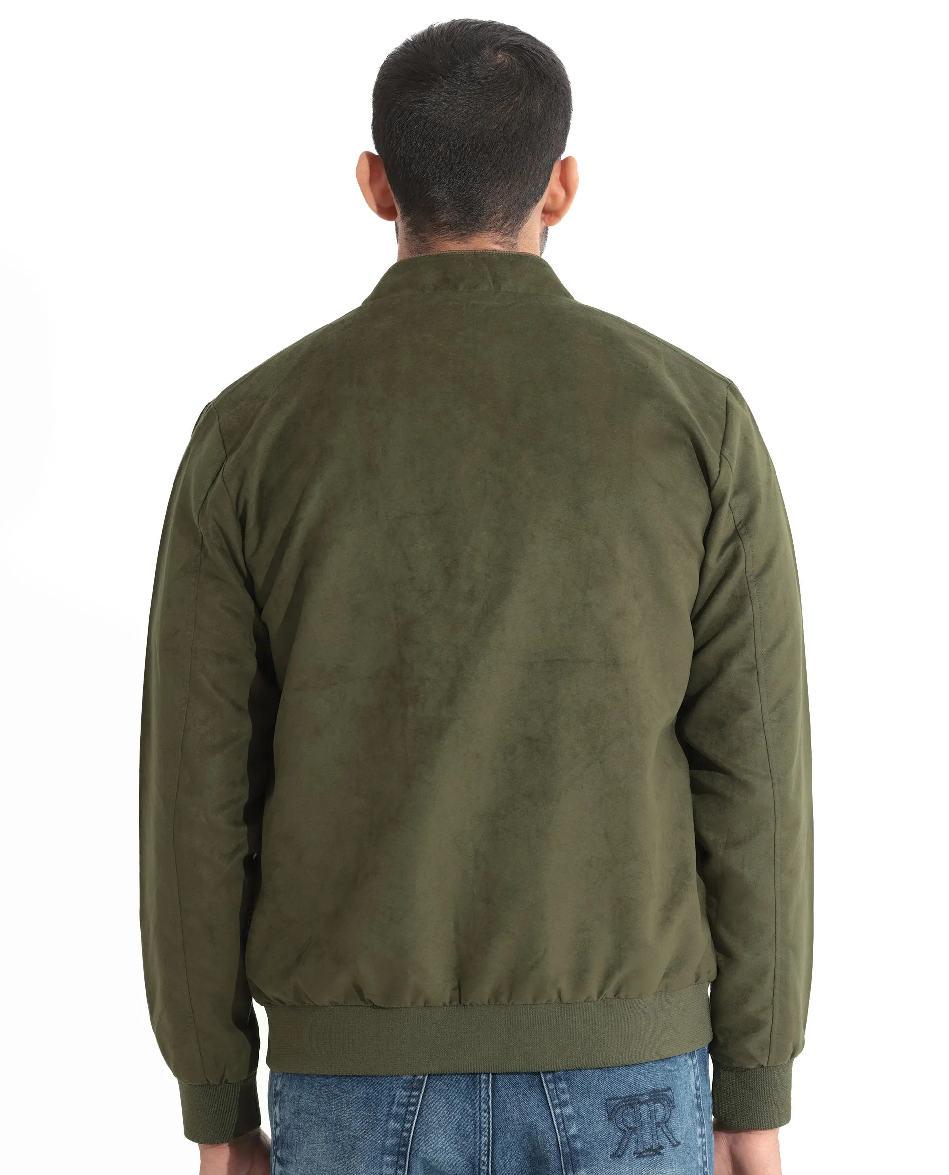 Rare Rabbit Men's Henron Green Plain Suede Bomber Jacket