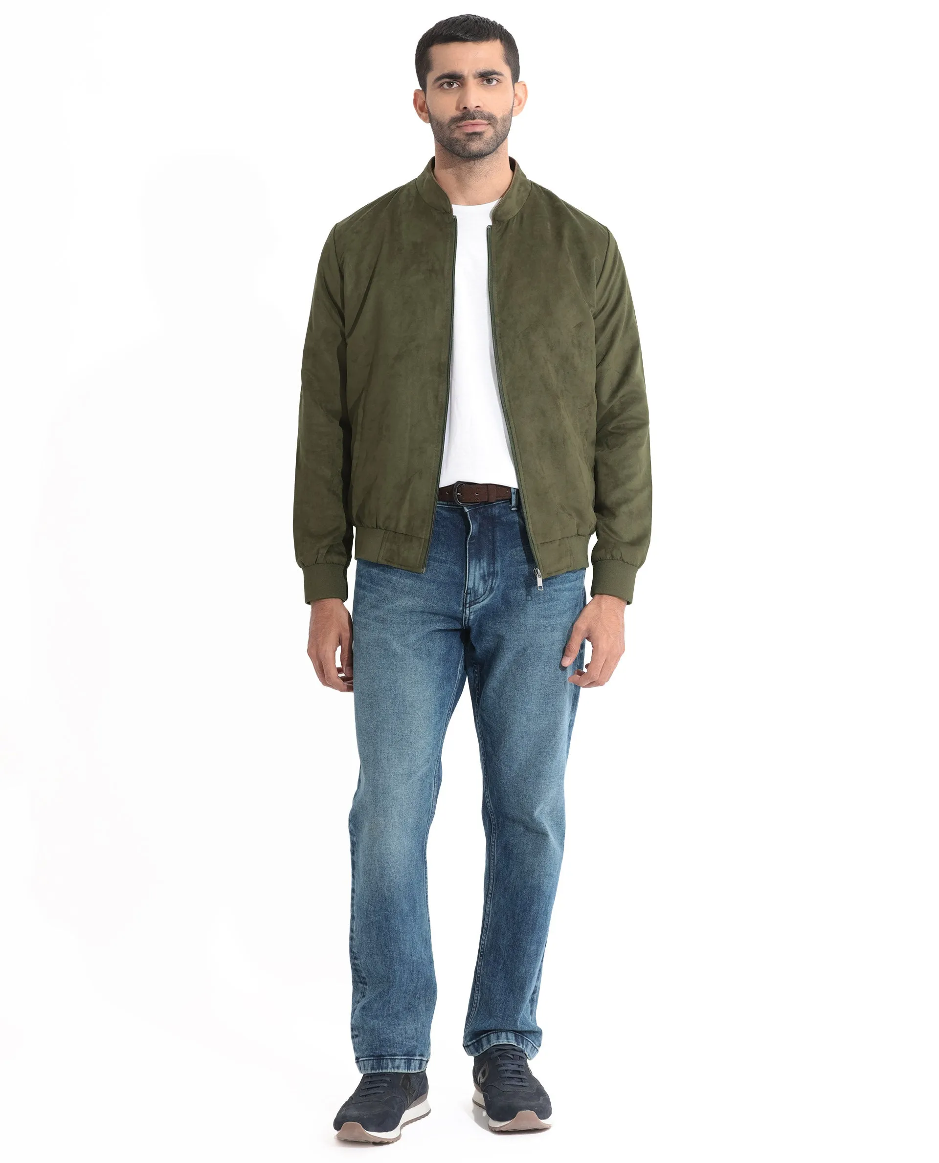 Rare Rabbit Men's Henron Green Plain Suede Bomber Jacket
