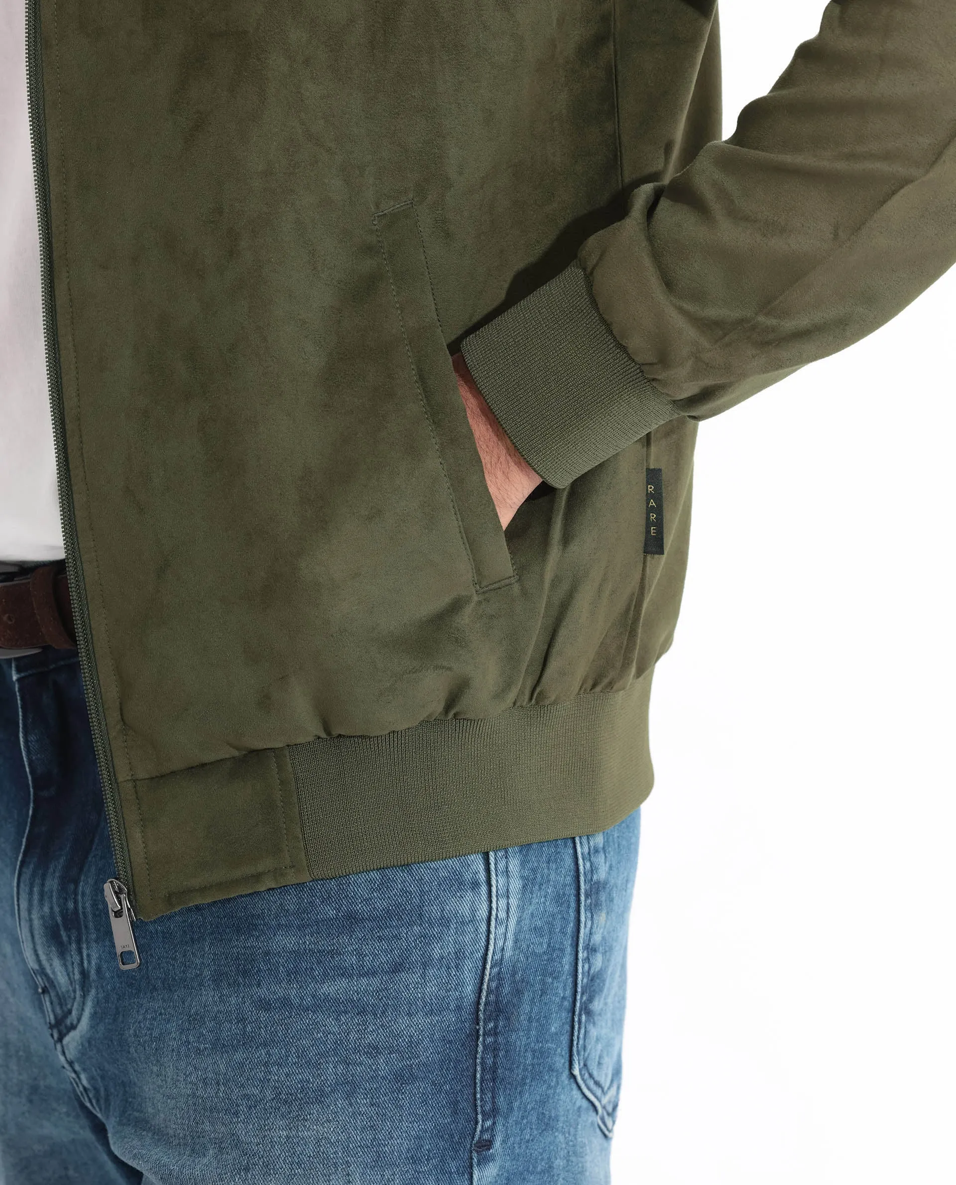 Rare Rabbit Men's Henron Green Plain Suede Bomber Jacket