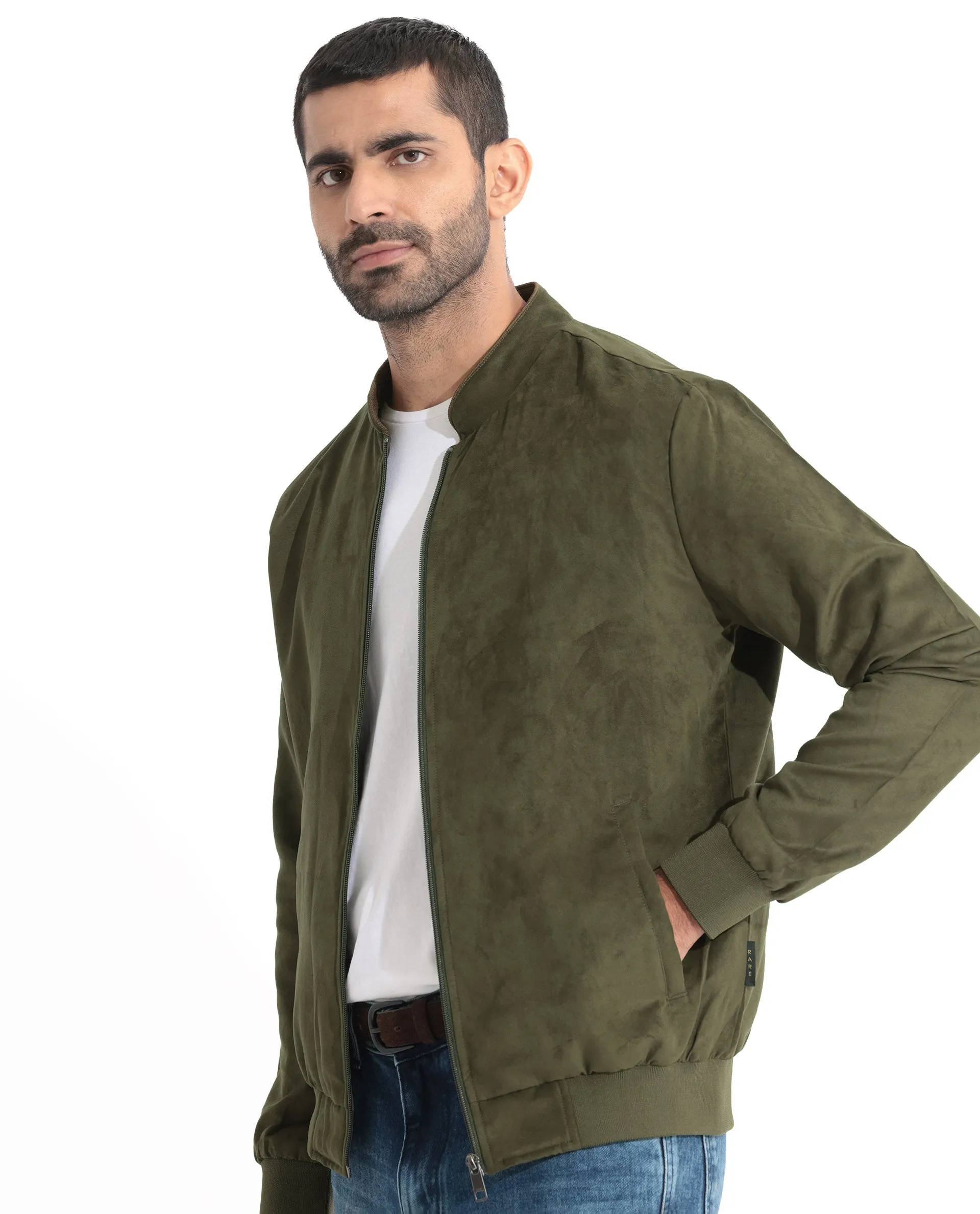 Rare Rabbit Men's Henron Green Plain Suede Bomber Jacket