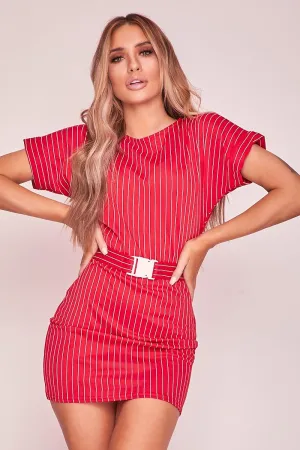 Red & White Pinstripe Belted T-Shirt Dress